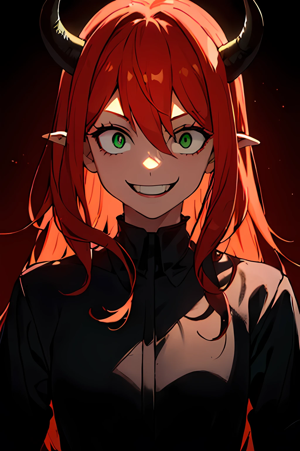 1girl, (torned clothes:1.1), ginger haired girl with green eyes and black horns, cinematic lighting, dark, shadows, red background, (crazy smile,constricted pupils, small pupils:1.2),