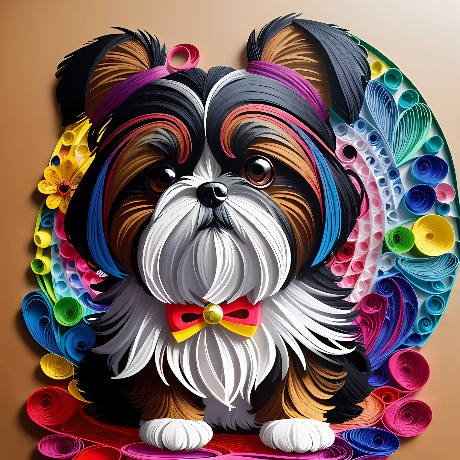 Masterpieces, top quality, best quality), beautiful shih tzu dog, art on multi-dimensional quilling paper, beautiful and colorful aesthetics, yang08k style. --auto