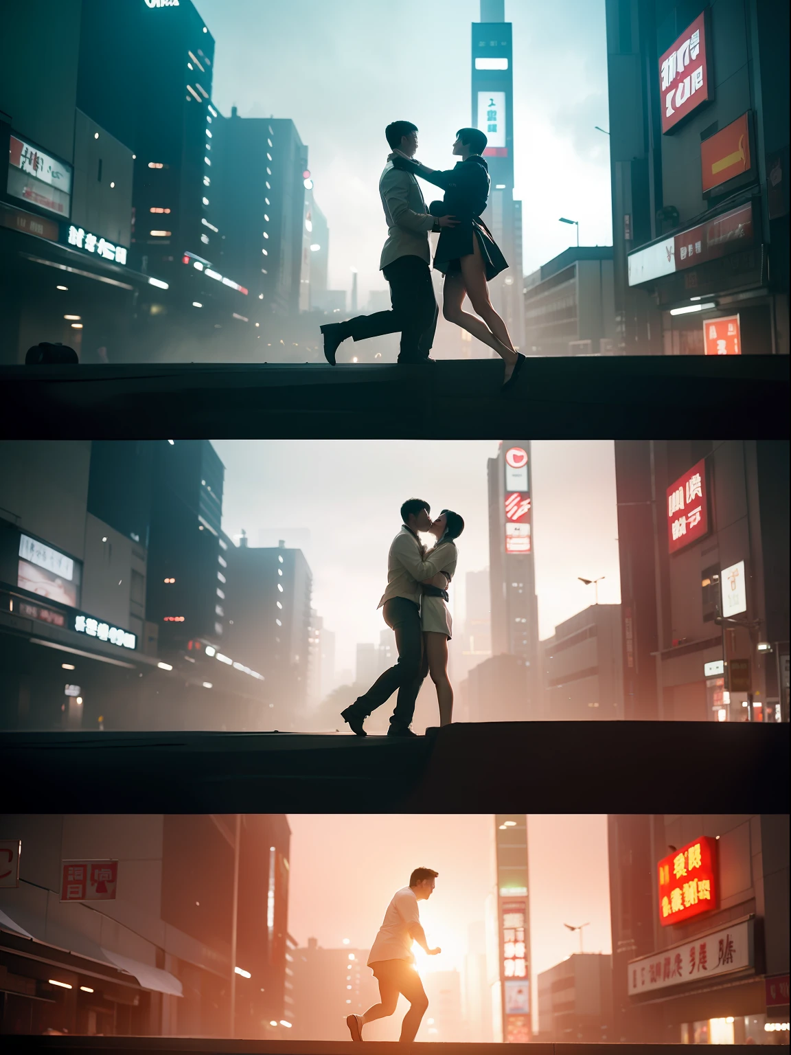 (Masterpiece) An ultra-high definition scene for a japan man kissing a taiwan man in the city of Blade Runner, 32k resolution, extremely detailed, dynamic poses, action poses, surreal and captivating.