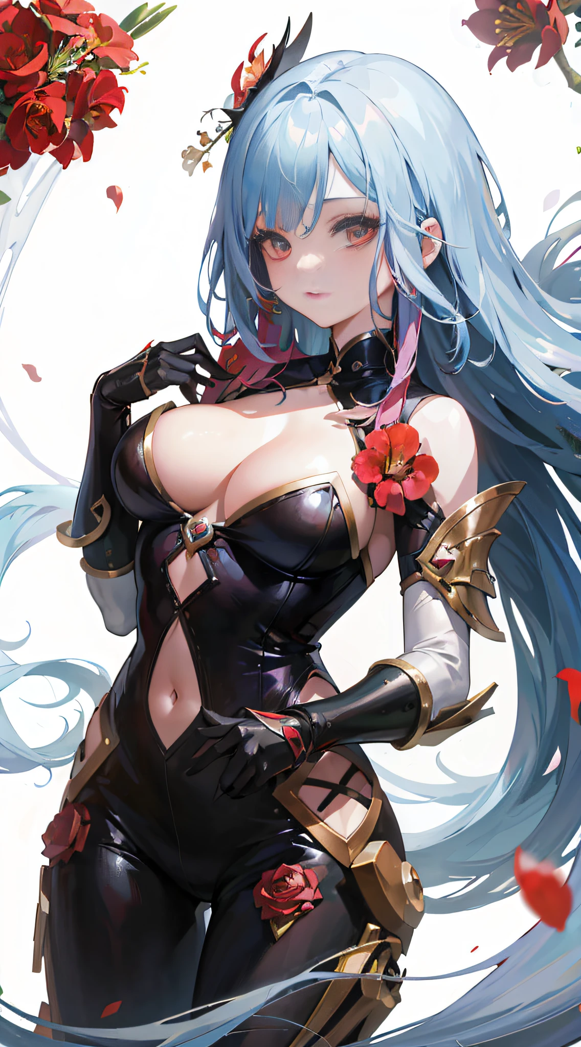 Anime girl with blue hair and black dress posing in front of flowers, seductive anime girls, Extremely detailed Artgerm, Anime goddess, beautiful and seductive anime woman, Best anime 4k konachan wallpaper, Biomechanical OPPAI, Kushatt Krenz Key Art Women, 8K high quality detailed art, Detailed anime artwork, Armor Girl, Anime fantasy artwork