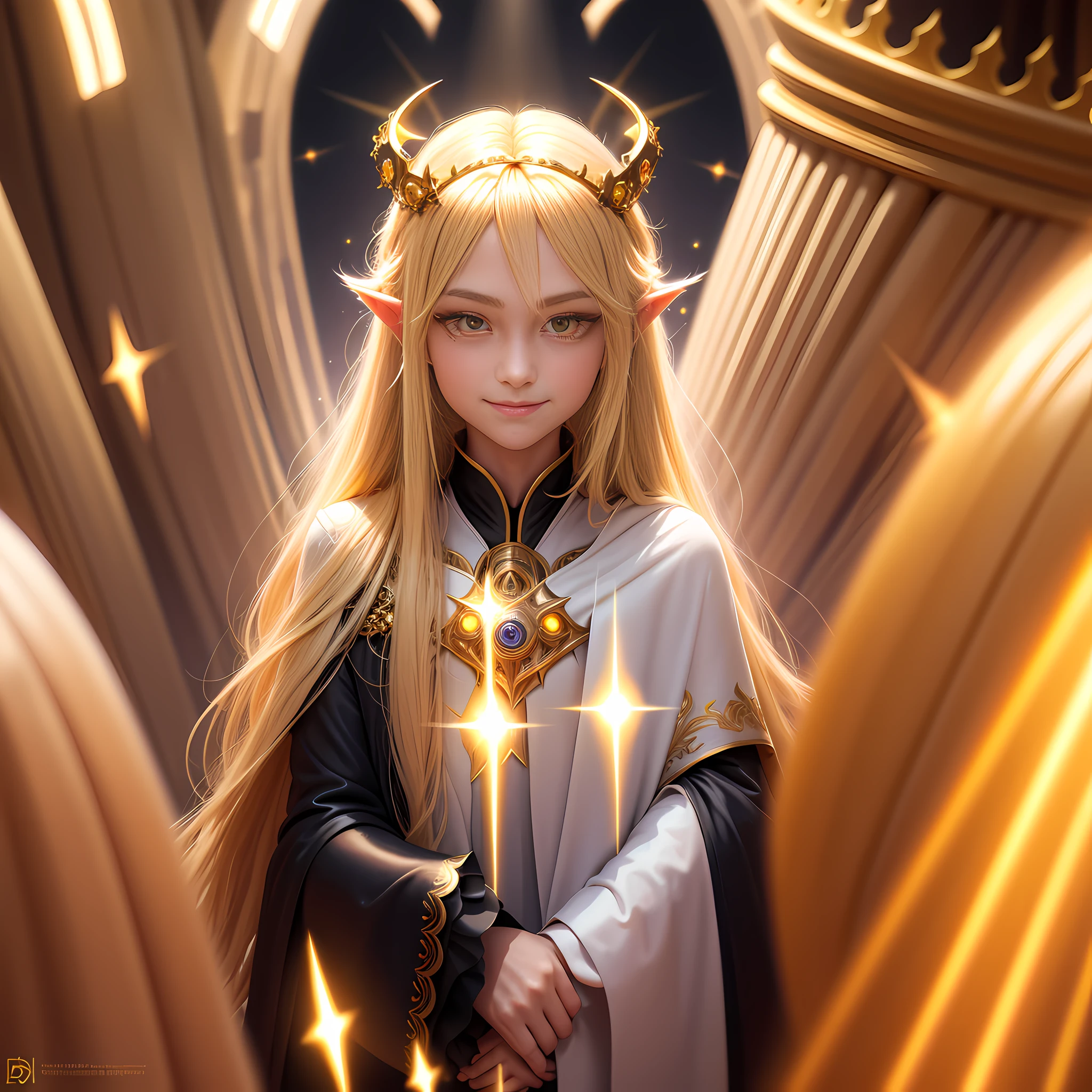 blonde hair, long hair, halo, crown, yellow eyes, devil pupils, devil eyes, long pointy ears, smile, sparkle, god rays, projected inset, high detail, best quality