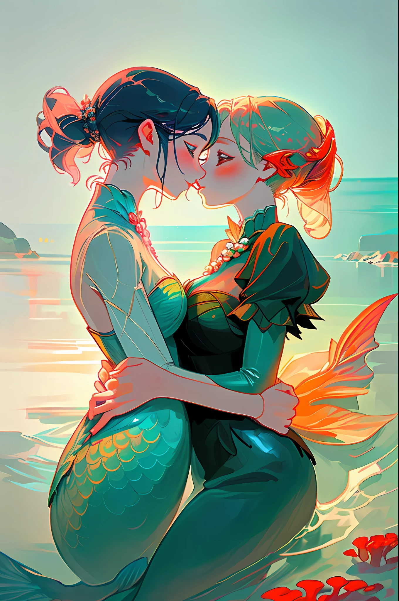 master piece,hyper quality, Hyper Detailed,Perfect drawing,hight resolution,2 Japan Idols, (((kiss))(((French kiss))) Hugging each other's breasts、Pushing each other, Staring at each other, Moist eyes, Half-open lips, Beautiful, blush (0.2),In the deep waters of coral reefs、There is a mermaid who looks like a beautiful woman、Body color is like emerald.、The structure is a half-mermaid、She looked at me from above、I looked at her from below、I hold a pearl in my hands --v 6