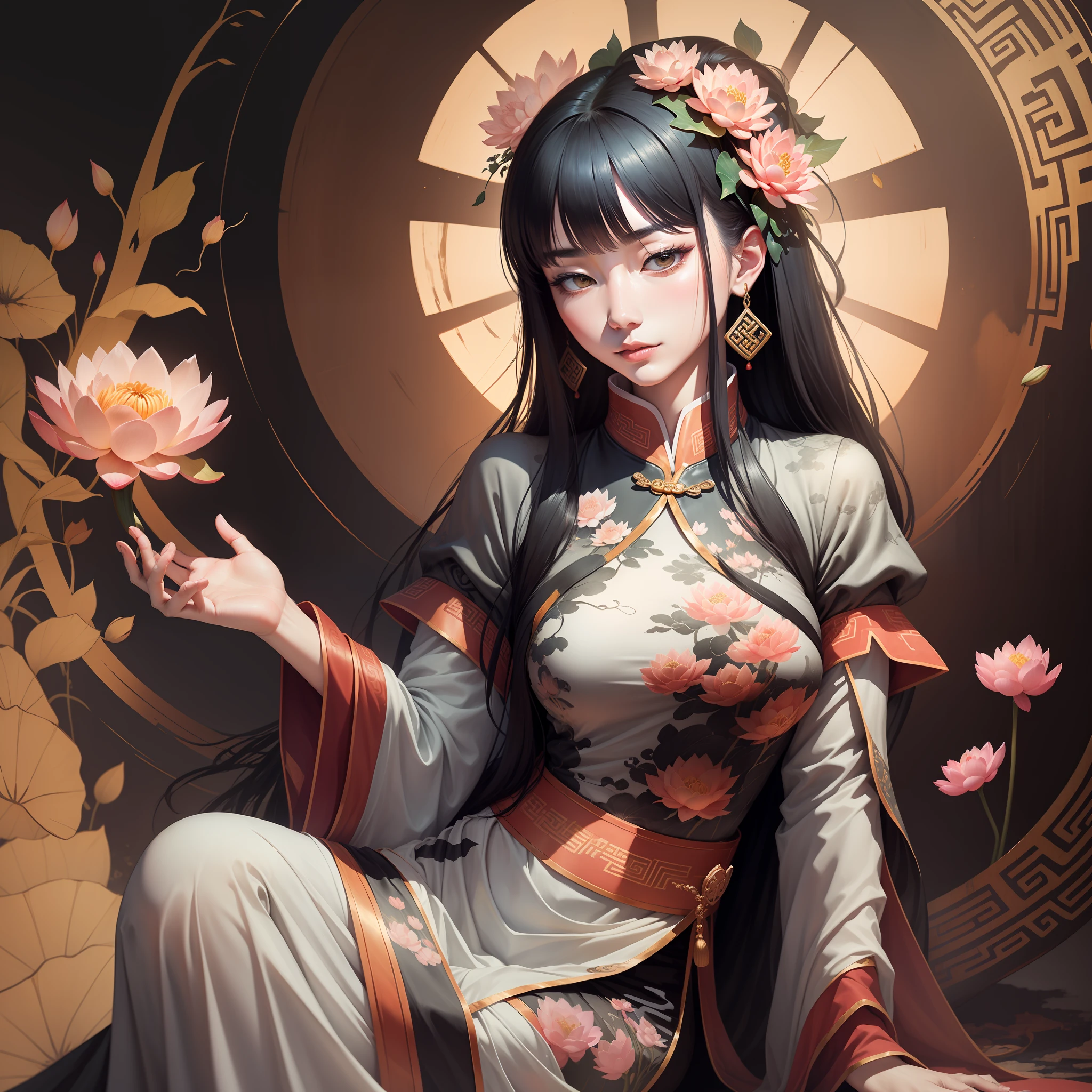 An ancient Chinese beauty sitting on a stone, wearing ancient Chinese clothing, flowing tulle, light silk, lazy posture, large lotus leaf, lotus, ink painting style, clean color, decisive cutting, blank, freehand, masterpiece, super detailed, epic composition, high quality, the highest quality, 4k --v 6
