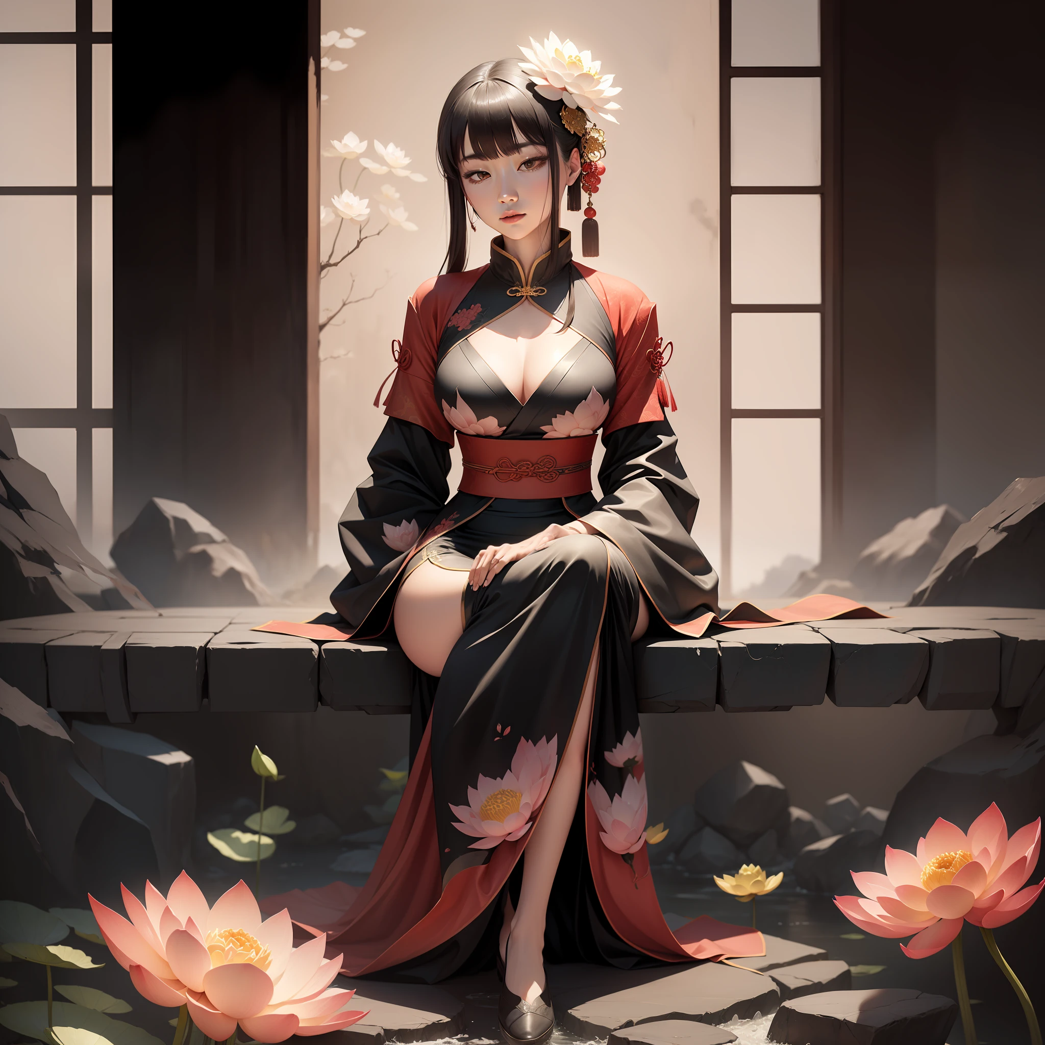 An ancient Chinese beauty sitting on a stone, wearing ancient Chinese clothing, flowing tulle, light silk, lazy posture, large lotus leaf, lotus, ink painting style, clean color, decisive cutting, blank, freehand, masterpiece, super detailed, epic composition, high quality, the highest quality, 4k --v 6
