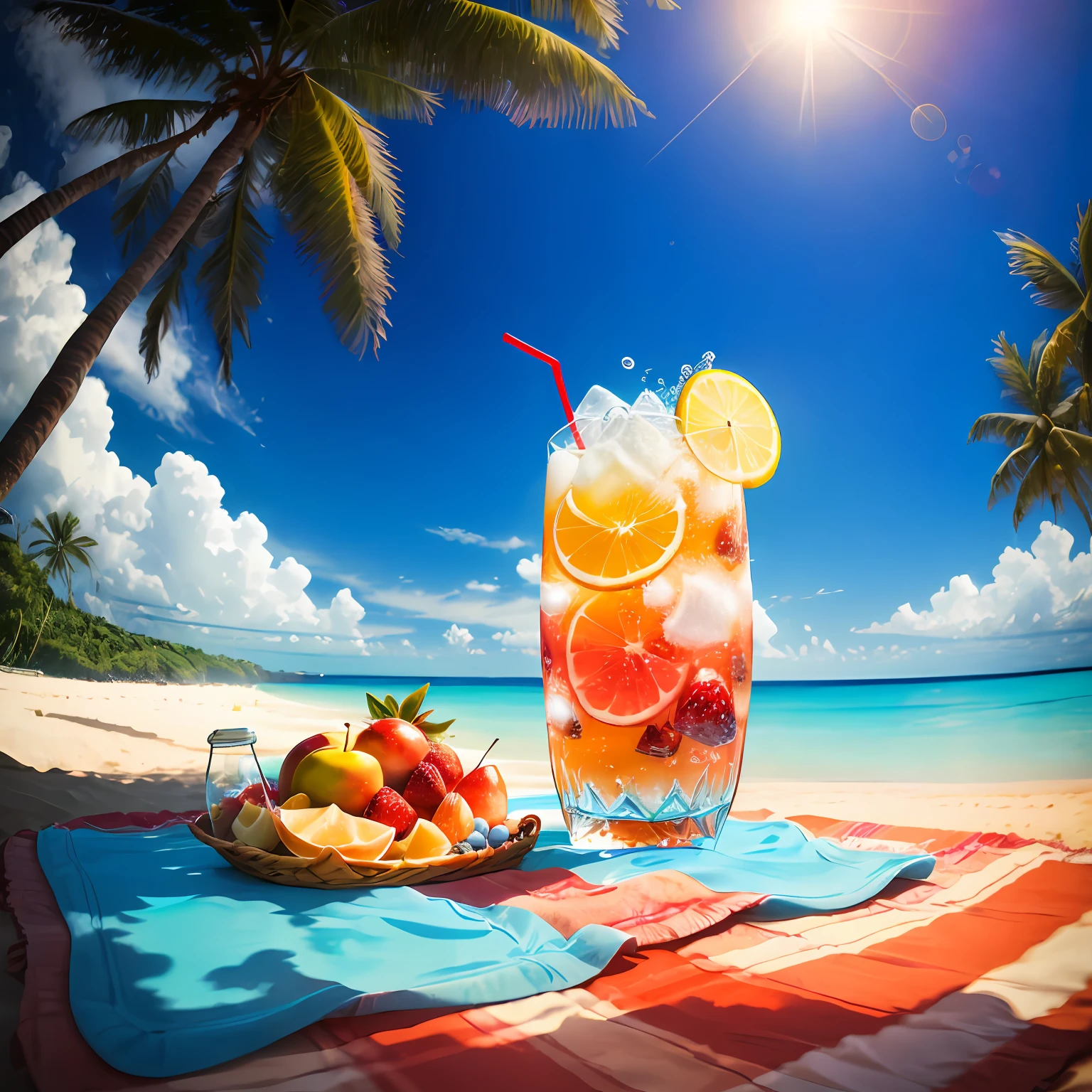 Using the right hand, macro photography depicts picnic scenes themed around a tropical beach holiday in summer. The protagonist of this photo is a cool glass filled with iced carbonated drinks. The lens focuses on glasses, fruit, dazzling midday sun, fisheye lenses, distant views, a hearty meal, (splashed liquid: 1.6), ice, (picnic scene: 0.5) (cute dessert: 0.4), dripping. It's filled with carbonated drinks, translucent liquid, daytime outdoor lights (beach 1.5), tropical plants, hot weather, HD detail, wet watermark, hyperdetail, cinematic, surrealism, soft light, deep field focus bokeh, ray tracing, diffuse (ultra-fine glass reflection), and surrealism. --auto