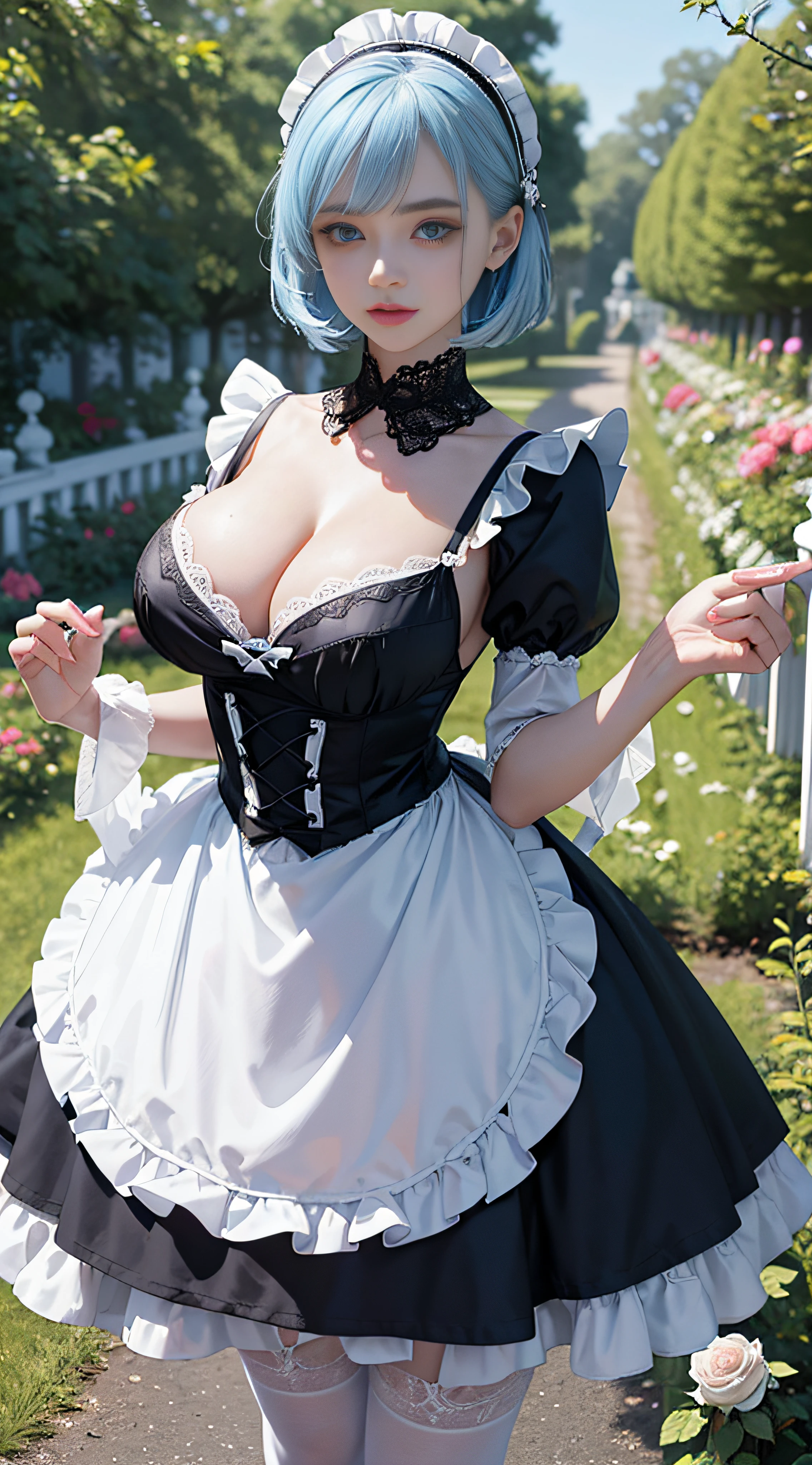 1girll，Blue half-covered half-covered short hair，Light blue eyes，Big eyes，Lori huge breasts cleavage，ddlers，gentleness，Black and white Lolita，the maid outfit，Lace white stockings，Look into the camera，Behind you is the rose garden，tmasterpiece，k hd --auto