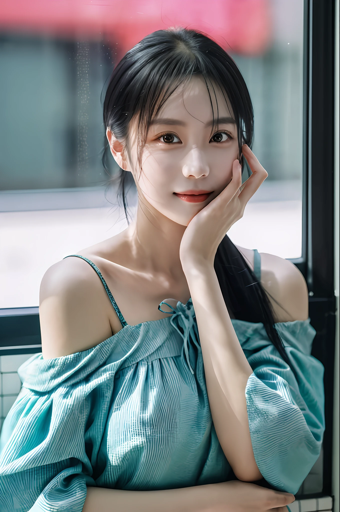 An ultra-high picture quality、8K、1girl in, Idol, proximity, 鎖骨, a picture, filmg, hand on own face, depth of fields, A smile, modeled, window, looking at the viewers, Real life, off shoulders, tusk,
