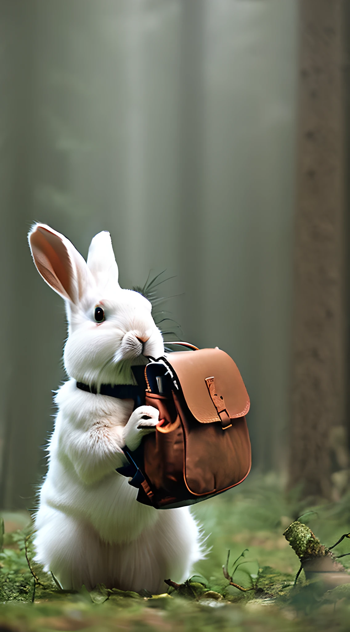 Classic negative portrait photo，Fantasy video game character concept art，Cute white furry rabbit carrying a small brown leather backpack,Map hike through the forest,dungeons and dragons,rios,haze,Halo,blooms,Dramatic atmosphere,1970s dark fantasy film style,Center symmetry,the rule of thirds。