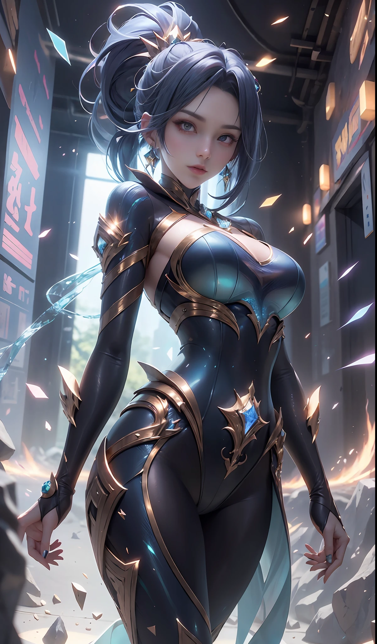 Numerical analysis， style of anime， woman， The elemental mage is engulfed in blue flames and yellow lightning， Color chaos， gold and ice tones， depth of fields， big breasts beautiful， sexyposture，Expose limbs，highly  detailed， hyper realisitc， cinmatic lighting， Pubic area is clear， the space background， cinematic lighting soft， （The light from the back window is backlighted： 1.2）， （blossom flower： 1.2）， （brightlight： 1.1）， （color difference： 1.2）， Sharp focus， hight contrast ， tmasterpiece， realisticlying，dynamicposes，（HighDynamicRange）,Ray traching,NVIDIA RTX,Hyper-Resolution,Unreal 5,Subsurface scattering、PBR Texture、post-proces、Anisotropy Filtering、depth of fields、maximum definition and sharpness、Many-Layer Textures、Albedo e mapas Speculares、Surface coloring、Accurate simulation of light-material interactions、perfectly proportions、rendering by octane、Two-colored light、largeaperture、Low ISO、White balance、the rule of thirds、8K raw data、surrealism, shadowing，face to the viewer。