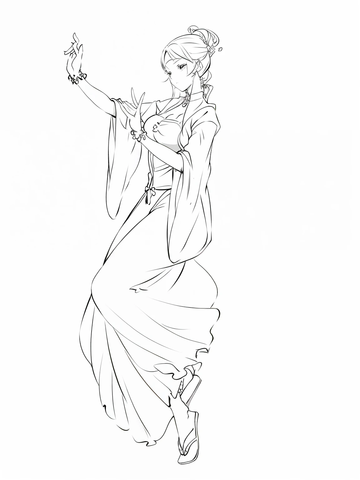 A painting of a woman in a dress dancing, Ancient Chinese Women，Flowing period costume，clean lineart, Simple lines of art, perfect lineart, outline art, pudica pose gesture, full body drawing, standing elegant pose, bold lineart, outlined art, doing an elegant pose over you