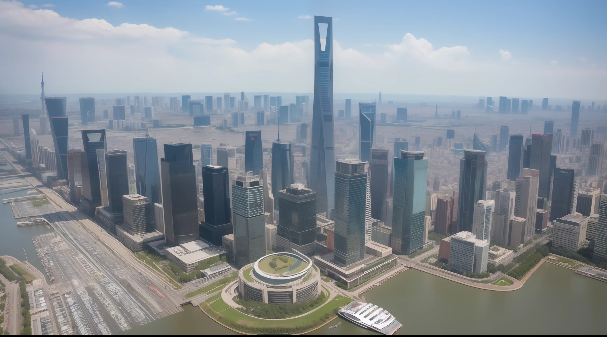 Post-apocalypse style,The end of the world,废墟,The foreground is a river,shanghai city,Shanghai Oriental Pearl Tower,Super metropolis,Large building structures are the background,skylines,hazed out,Shanghai Lujiazui。超高分辨率(realness:1.4)、hyper qualit、真实感、high detal、iintricate