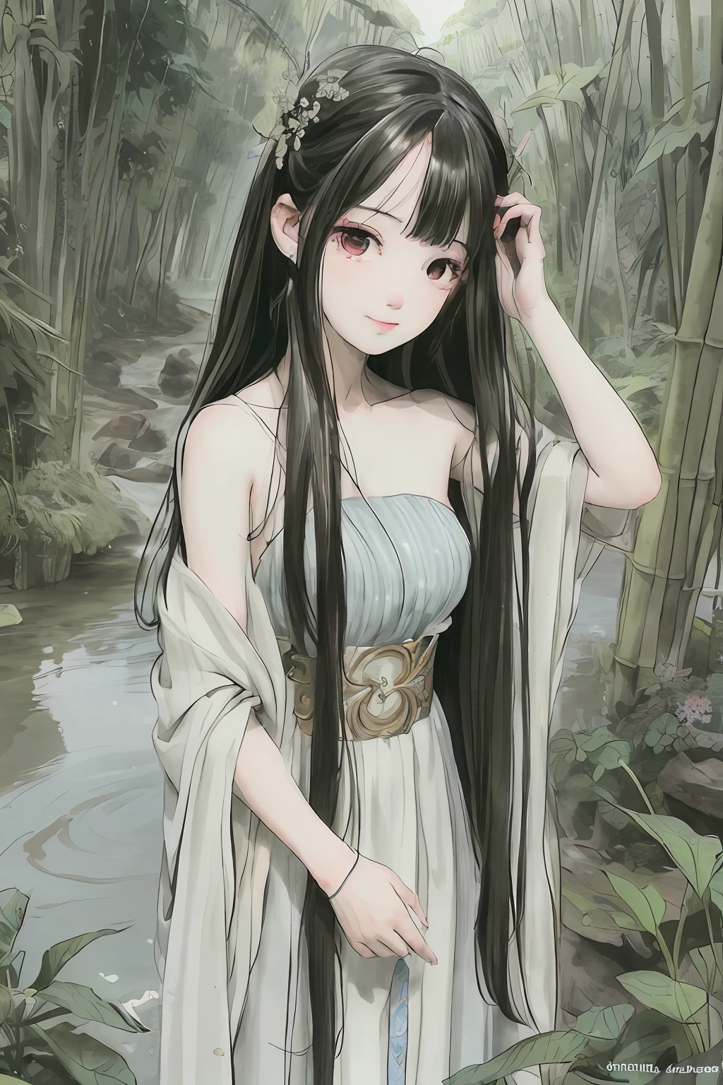 Masterpiece, Best quality, offcial art, 8K wallpaper, Highly detailed, illustration, 1 girl, Black hair, Long hair, Detailed eyes, bamboo forrest, Bare shoulders, lakes, Pure, Soft smile,