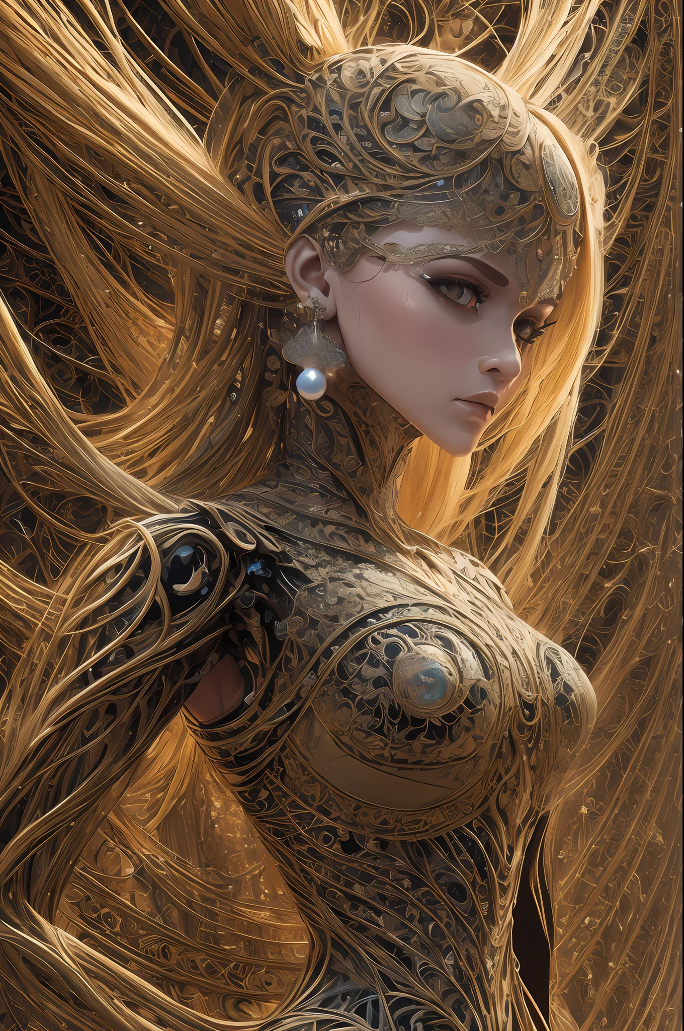Intricate 3d rendering ultra-detailed beautiful angel of death, biomechanical robot, simulated 150mm lens, beautiful natural soft edge light, neon veins, roots, delicate leaf lace, colorful details, Boris Bidjan Saberi costume, pearl earrings, piercings, art nouveau fashion embroidery, intricate details, mesh lines, Mandelbrot fractals, facial muscles, cables, microchips, villains, surreal, ultra-detailed, octane, volumetric lighting, 8k and post-production, red The white has a little bit of black, Metal Skeleton Details, Half-Human, Iridescent, Glenn Brown Style, Futuristic Room, Power of God, High Angle Shot, Complex Body Poses
