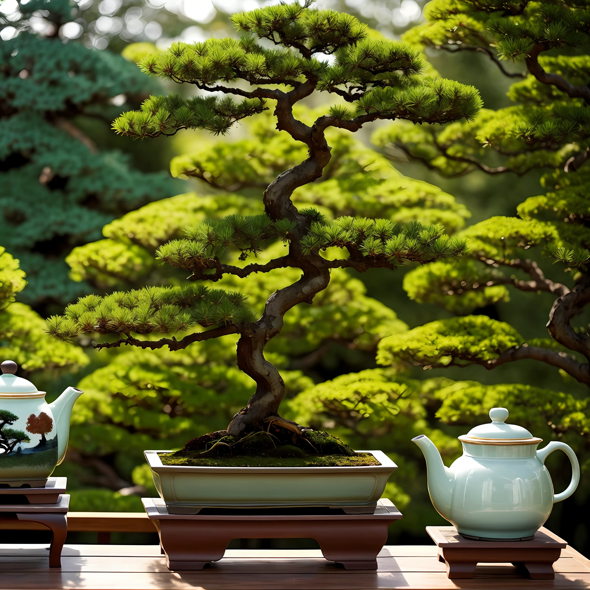 Lateral face，Bonsai，Rectangular jar，Monk pines are planted in pots，In an indoor tea room setting，The teacup is placed in the tea room，teapot，Overlooking，Splendor, Colorful, Amazing photography, dramatic  lighting, photo-realism, ultra - detailed, 4K