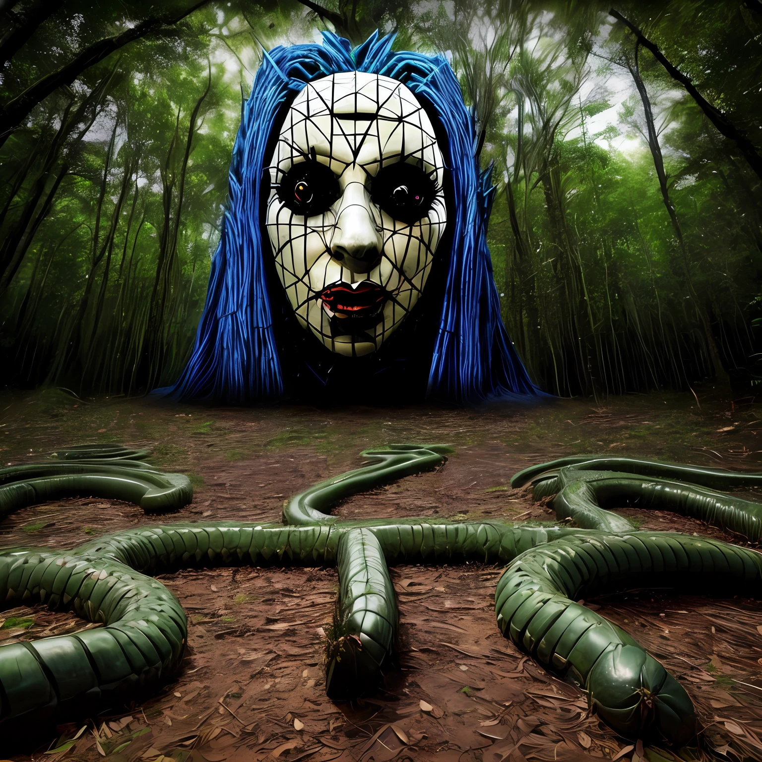 lady gaga como o personagem hellraiser, Background composed of forest with large and ancient trees with branches and large roots scattered throughout the environment, luas cheias, Starry night sky, serpentes pretas e verdes na floresta, occult symbols in the environment, rosto realista, a melhor qualidade, obra-prima, Highresolution, 8k, imagem hiper-realista, foto profissional, foto realista, image angle from bottom to top, full body view