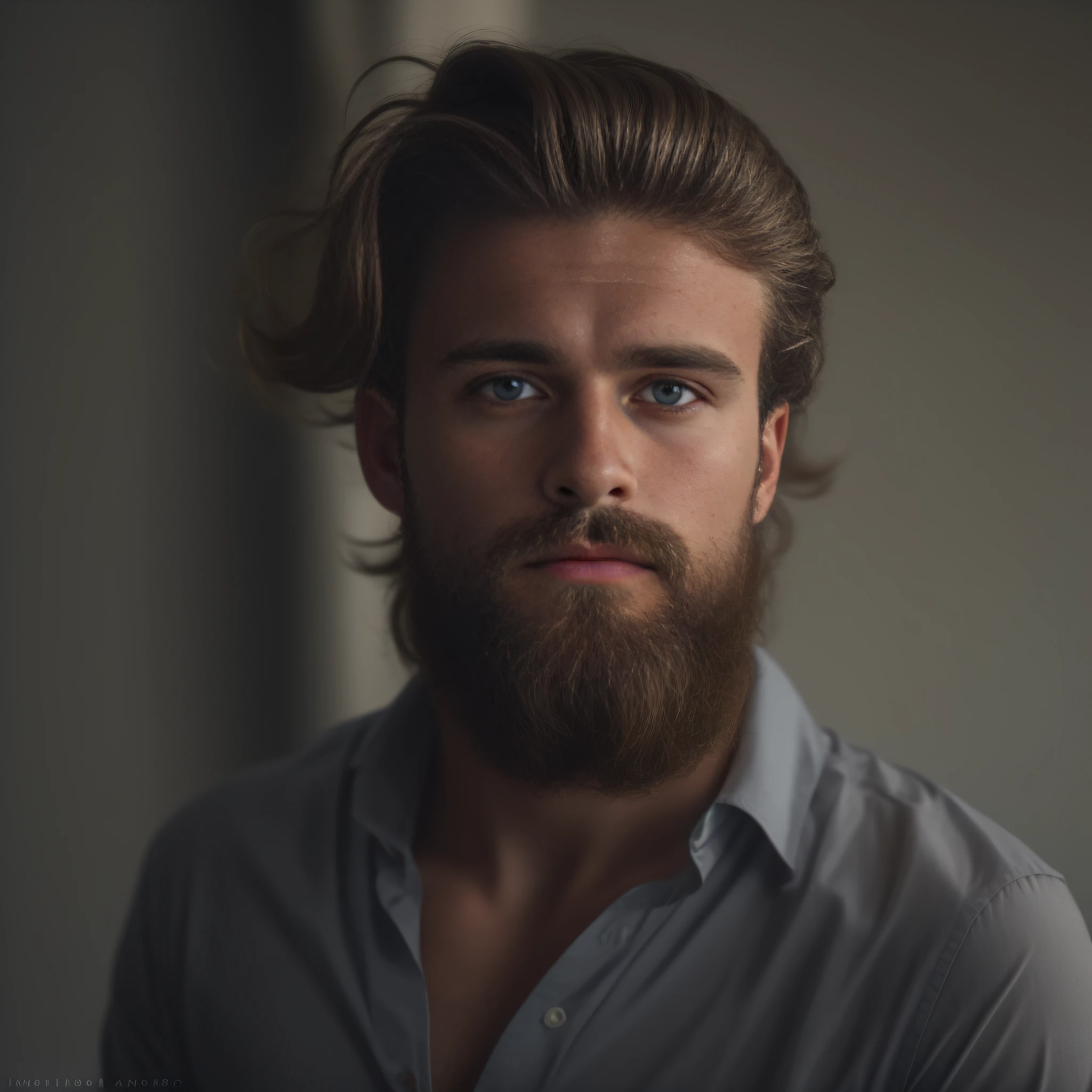 A 23-year-old man from Denmark, masculino, barbudo, barba cheia, modelo, corpo inteiro, pose elegante, muito bonito, looking-into-camera, imagem detalhada, UHD, 8k, bem iluminado, grain of film, perfect  lighting