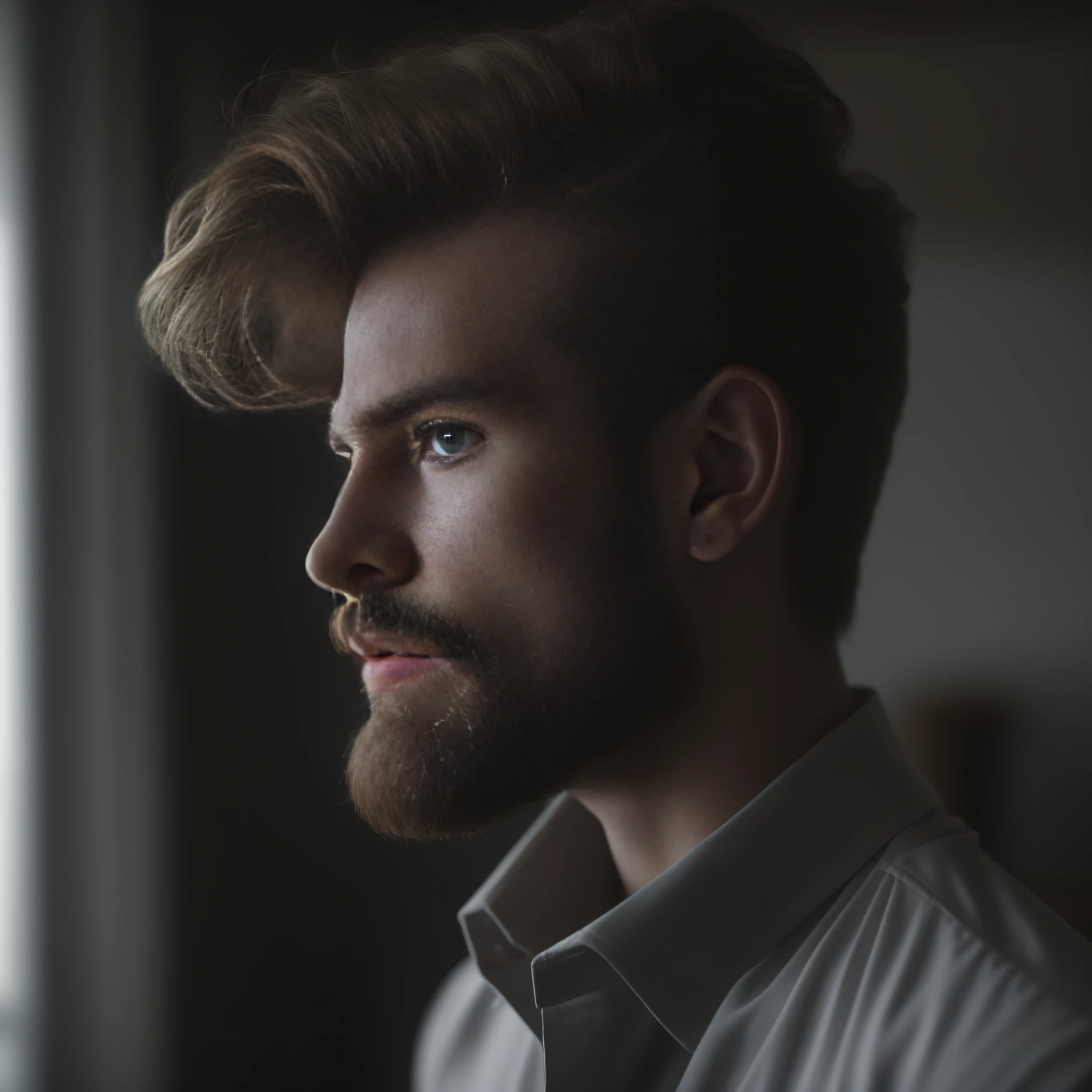 A 23-year-old man from Denmark, masculino, barbudo, barba cheia, modelo, corpo inteiro, pose elegante, muito bonito, looking-into-camera, imagem detalhada, UHD, 8k, bem iluminado, grain of film, perfect  lighting