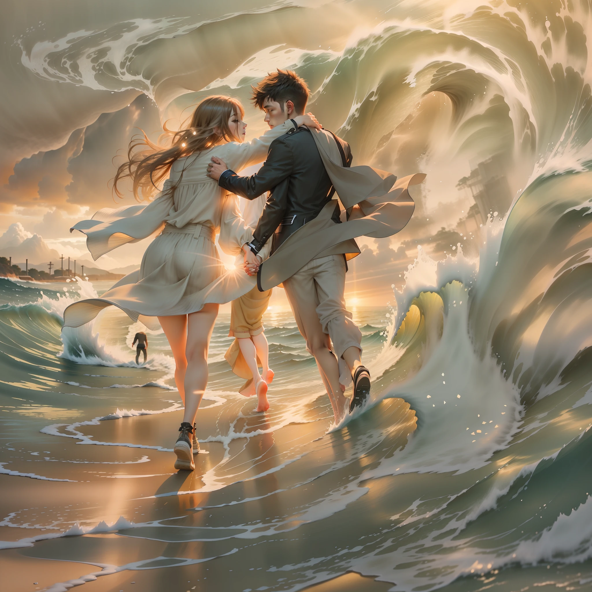 The waves lapping against the shore,Sunlight shines from afar,A pair of lovers holding hands and running in the distance,Snuggle up and hug each other,Feel this youthful love。