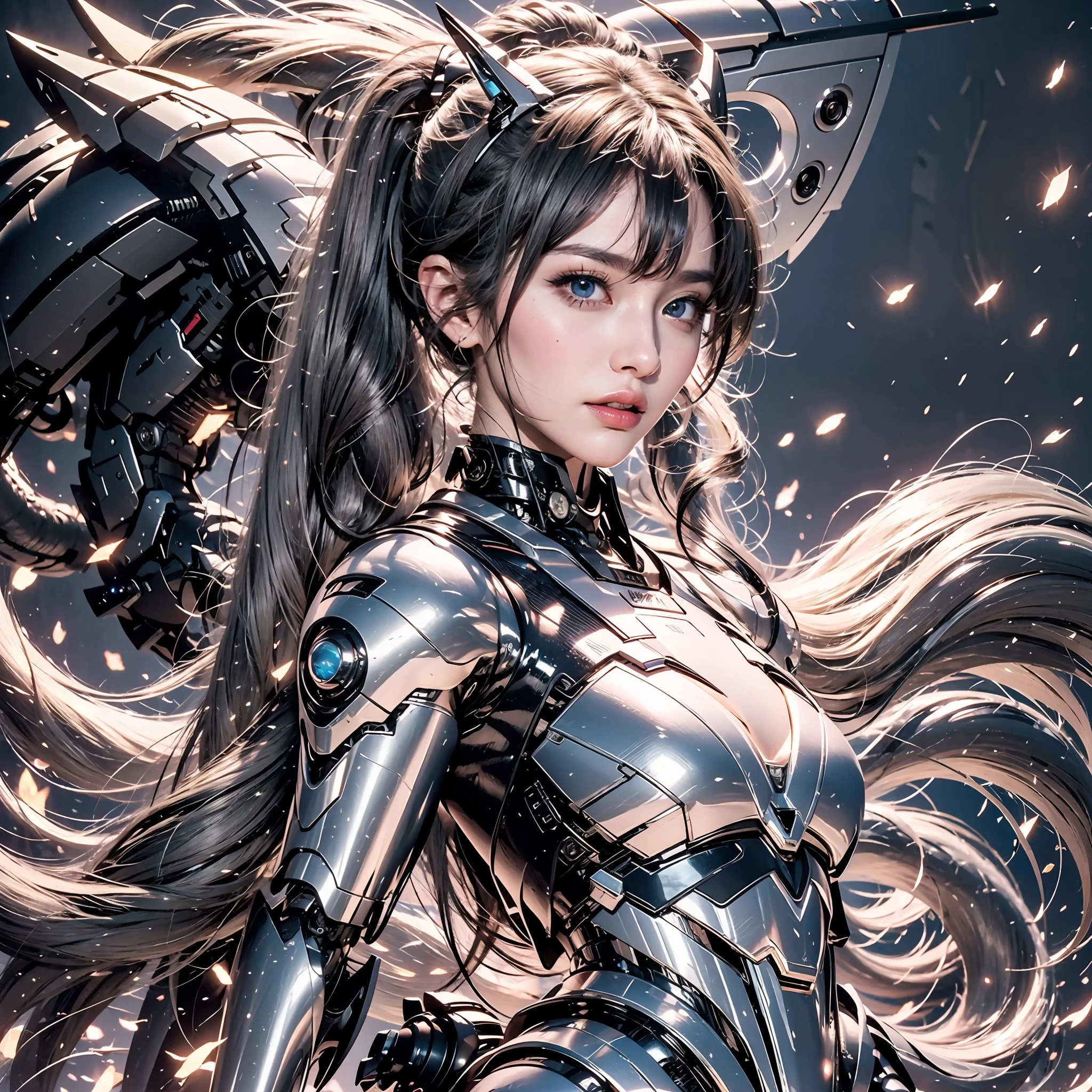 tmasterpiece,(best qualtiy:1.2),(super-fine:1.2),illustratio,(Extremely refined and beautiful:1.2),Movie Angle,floatking,电影灯光,Exquisite sky,((one-girl)),((drak)),((mechs)),whaite hair,eBlue eyes,(high ponytails:1.1),(A girl stands in front of the camera,There is a huge mecha dragon behind him)