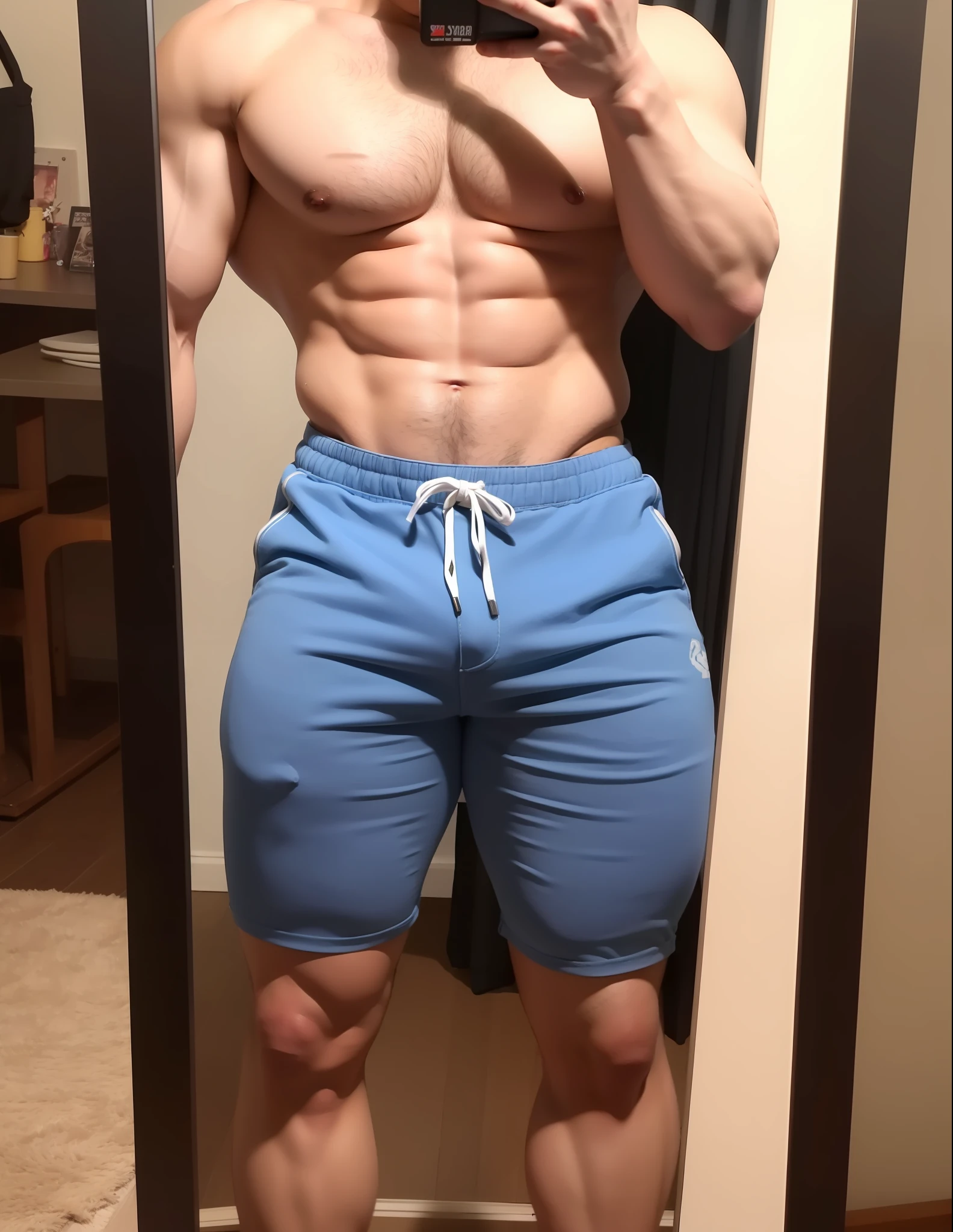 Tiger orc in blue pants taking a selfie in the mirror, mid-shot of a hunky, Muscular thighs,  legs, Tall，musculous, Thighs, 30 years old man :: sport, fit pic, Muscular legs, robust stocky body, Thighs!!!, the extremely hot and , fairly muscular,  with thighs!!!, is wearing a shorts,