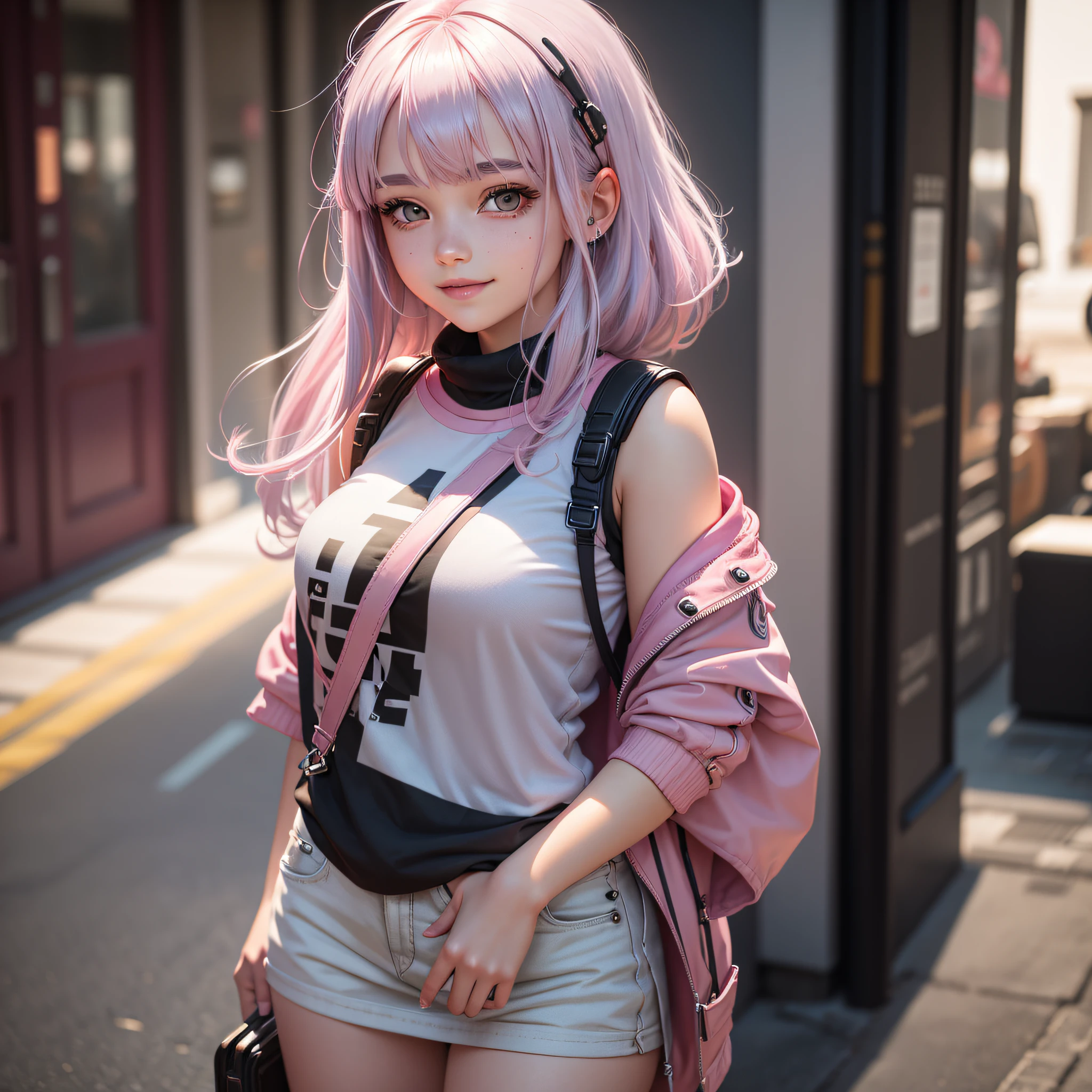 teens girl, pink hair, bangs, silver hair, hair over shoulder, mole under eye, light smile, Surrealism, high detail, ray tracing, UHD --auto
