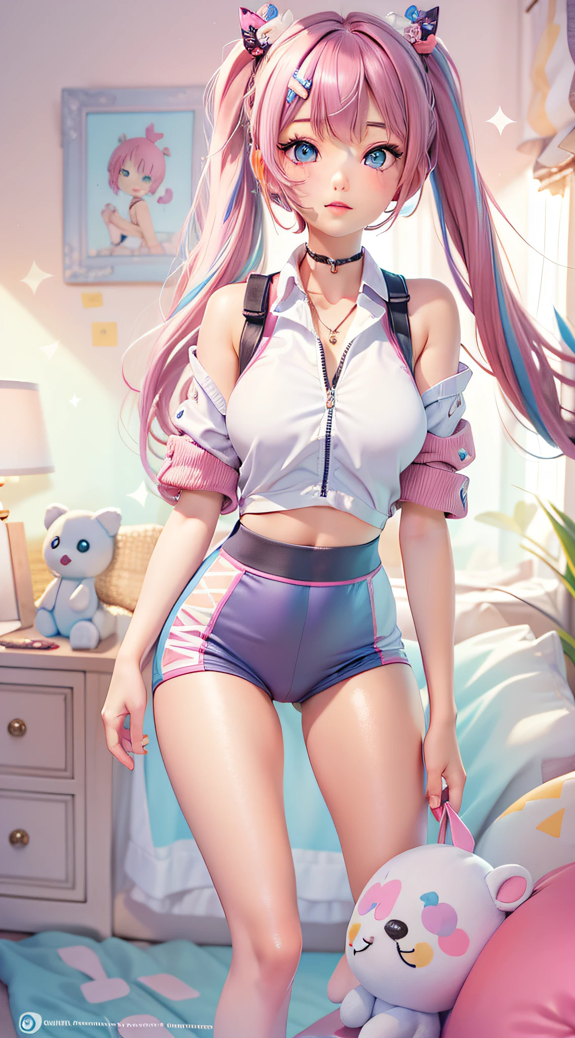 ((Masterpiece)), best quality, absurderes, ultra detailed, 1girl, most beautiful girl with beautiful and stunning eyes, multicolored hair and a high ponytail, nice and sexy body, wearing an anime tight shirt, super tight boxers with cute drawings and beautiful hair ornament, in a kawaii bedroom with many plushies flirting with viewer