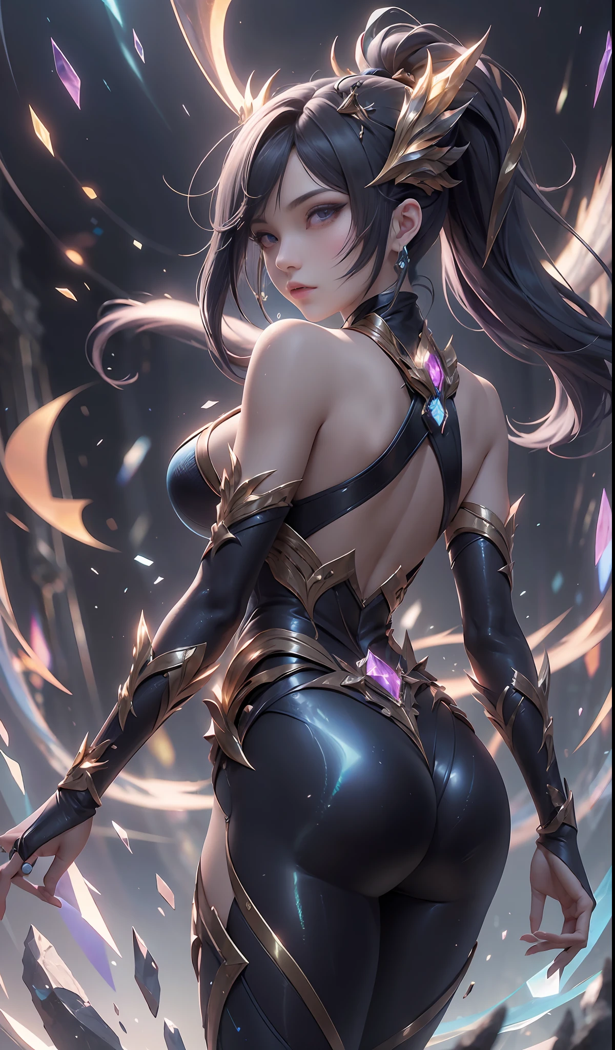 Numerical analysis, style of anime, woman, The elemental mage is engulfed in blue flames and yellow lightning, Color chaos, gold and ice tones, depth of fields, big breasts beautiful, sexyposture,Expose limbs,highly detailed, hyper realisitc, cinmatic lighting, Pubic area is clear, the space background, cinematic lighting soft, (The light from the back window is backlighted: 1.2), (blossom flower: 1.2), (brightlight: 1.1), (color difference: 1.2), Sharp focus, hight contrast , tmasterpiece, realisticlying,dynamicposes,(HighDynamicRange),Ray traching,NVIDIA RTX,Hyper-Resolution,Unreal 5,Subsurface scattering、PBR Texture、post-proces、Anisotropy Filtering、depth of fields、maximum definition and sharpness、Many-Layer Textures、Albedo e mapas Speculares、Surface coloring、Accurate simulation of light-material interactions、perfectly proportions、rendering by octane、Two-colored light、largeaperture、Low ISO、White balance、the rule of thirds、8K raw data、surrealism, shadowing,face to the viewer。