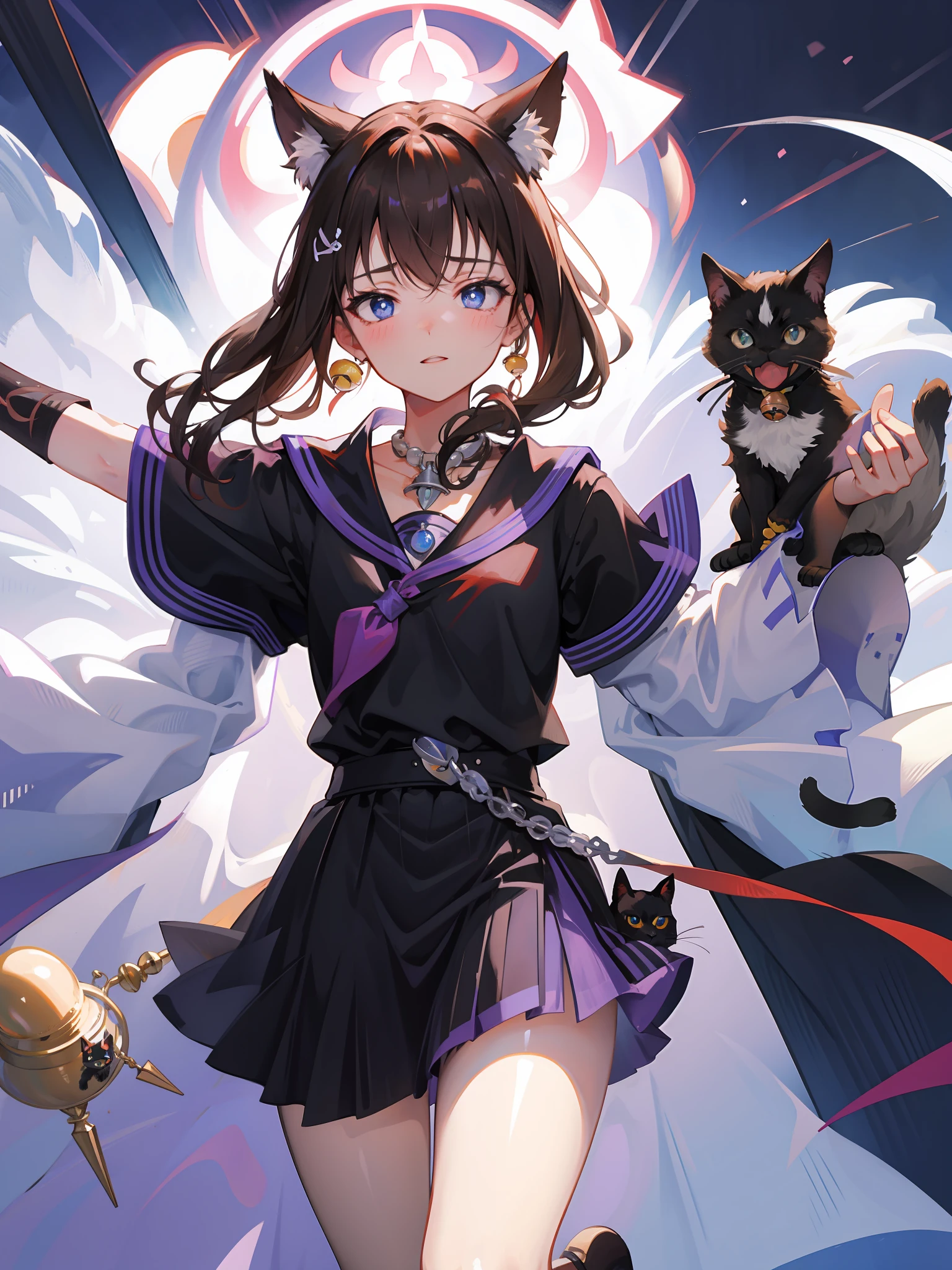 Brown-haired girl with black eyes, wearing purple Tang Han clothes, holding a black cat with blue eyes and a bell around her neck in her arms