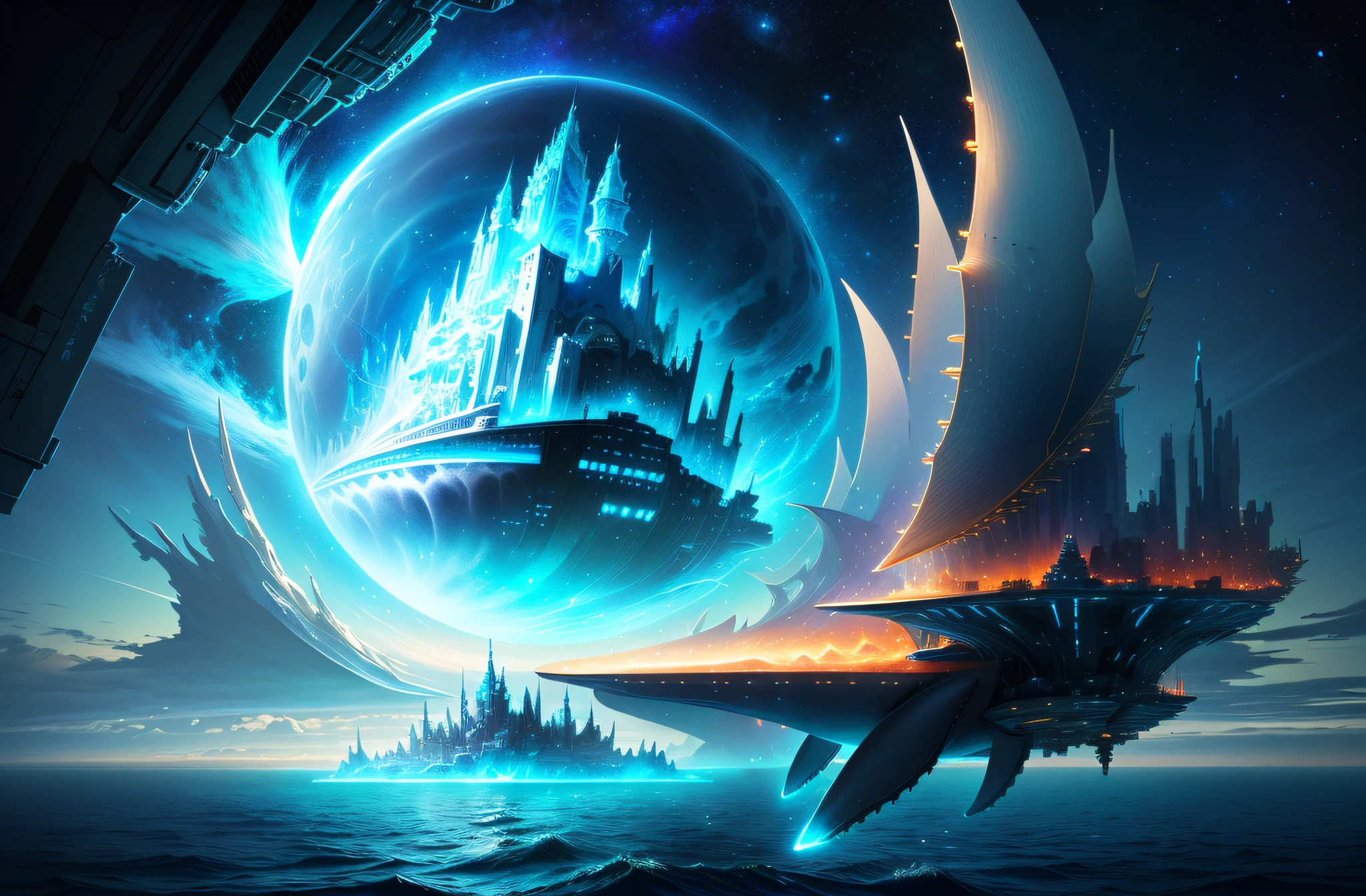 Space magic whale, concept art magic highlights, vernadskys noosphere, floating city in the sky, metaverse concept art, magical ocean, floating city on clouds, galaxy whale, huge floating castle, digital dreamland, magical fantasy 2d concept art, amazing concept art --v 6