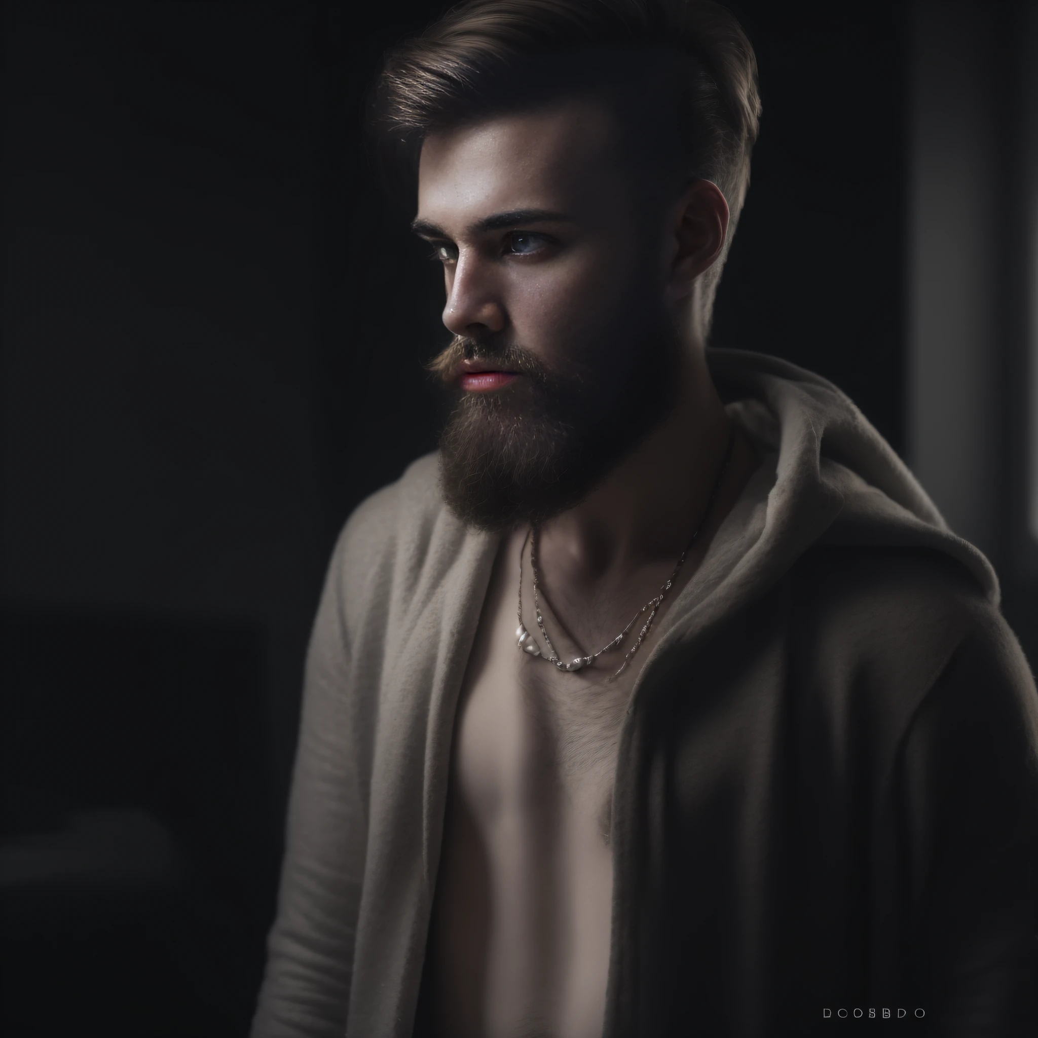 A 23-year-old man from Poland, masculino, barbudo, barba cheia, modelo, corpo inteiro, pose elegante, muito bonito, looking-into-camera, imagem detalhada, UHD, 8k, bem iluminado, grain of film, perfect lighting