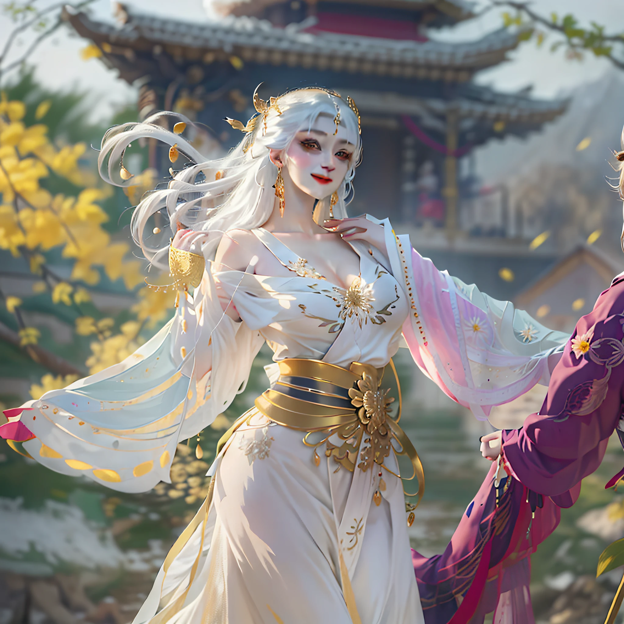 Tilting her head and smiling, the eighteen-nine--old an is slightly flattened, her skin is white and tender, and the goddess has white hair fluttering in the wind, cold and colorful 【Wu Zetian】 Big breasts, Golden eyes, Ancient Chinese style, Cold Emperor movie close-up RTX light and shadow full naked