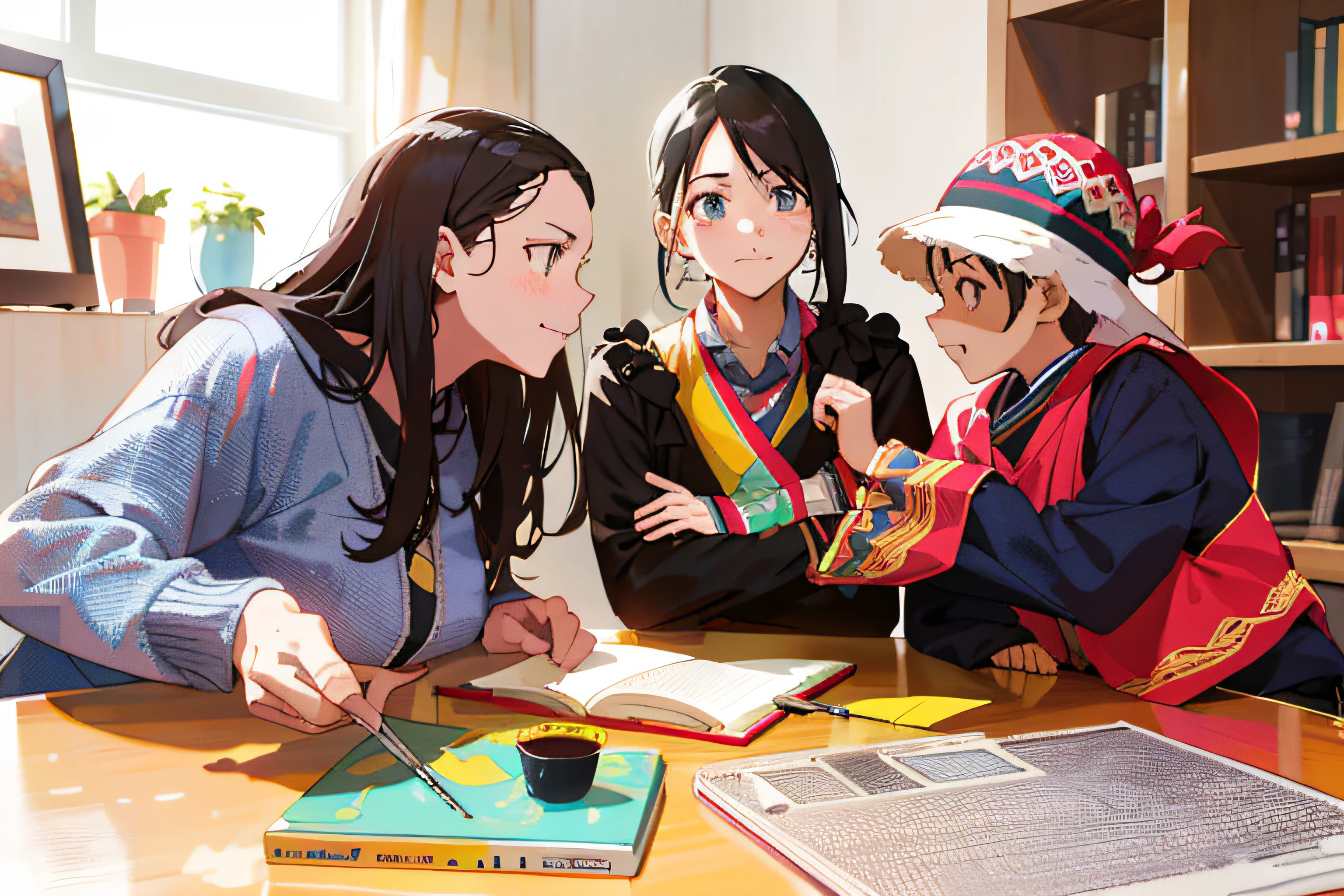 verano, DESIERTO, nubes rosadas, A land covered with roses meets beautiful girl, James Gurney, rendered art station, lente ultra gran angular, Hi-Def. Teacher with a couple of rural children from the Andes del Peú, Hijos de Tes Morena y Jos Pardos, trajes autoctonos. reciviendo las lecciones en el colegio, digital anime illustration, Artgerm y Atey Ghailan, Estilo de arte anime, Arte de anime digital, Arte digital de estilo anime, Hermoso estilo de arte de anime, anime style illustration, Beautiful artistic style, Ilustraciones de estilo anime, Obras de arte al estilo de Guweiz, Pintado en Anime Painter Studio, Arte estilo anime