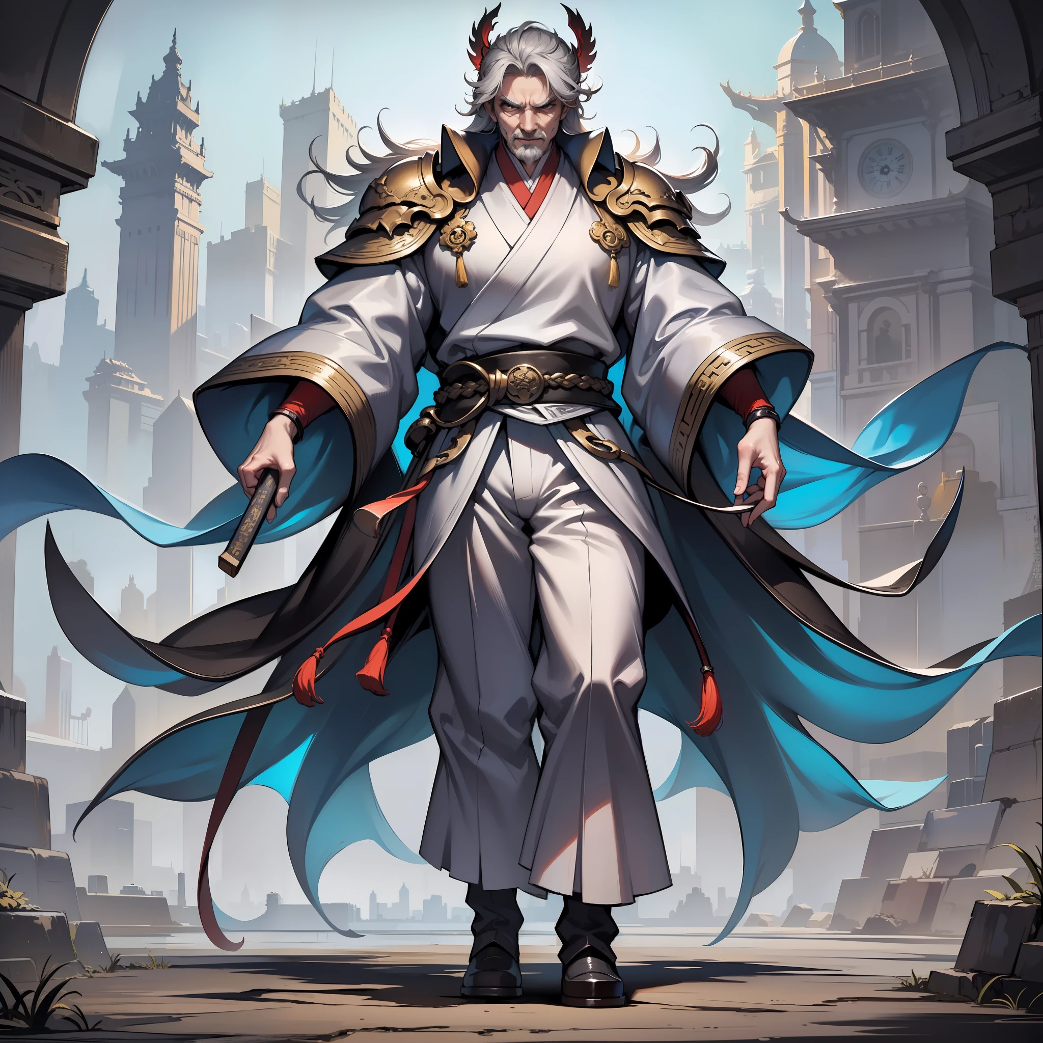 full body shot shot，white backgrounid。Yang Lin is a gray-haired old man，He is a powerful swordsman。Wearing ancient Chinese Taoist robes。His temperament is elegant and otherworldly，Informal，Take one's time，At the same time, and indomitable tenacity and determination