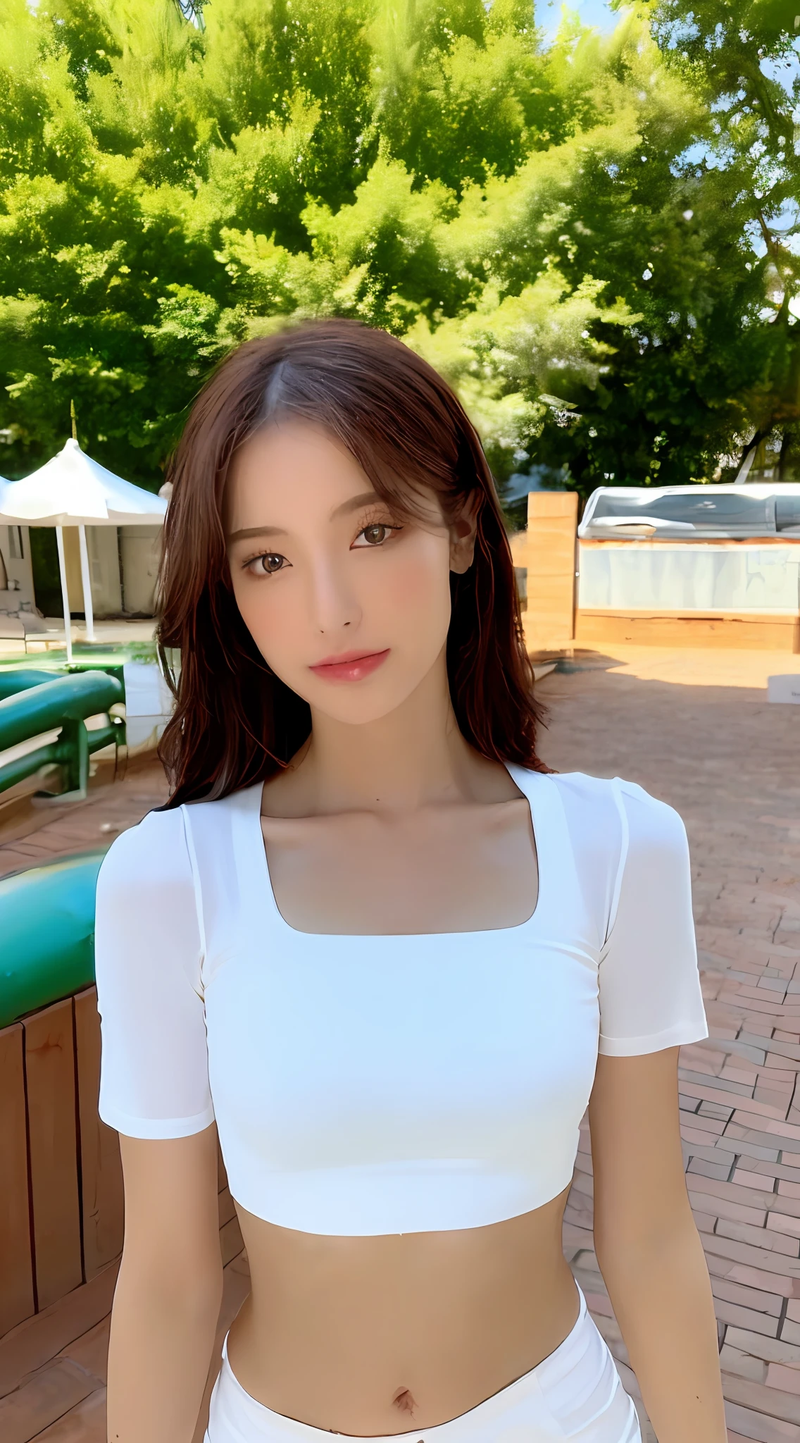 ((Realistic lighting, Best quality, 8K, Masterpiece: 1.3)), Clear focus: 1.2, 1girl, Perfect beauty: 1.4, Slim abs: 1.1, ((Dark brown hair)), (White crop top: 1.4), (Outdoor, Night: 1.1), Park view, Super fine face, Fine eyes, Double eyelids,