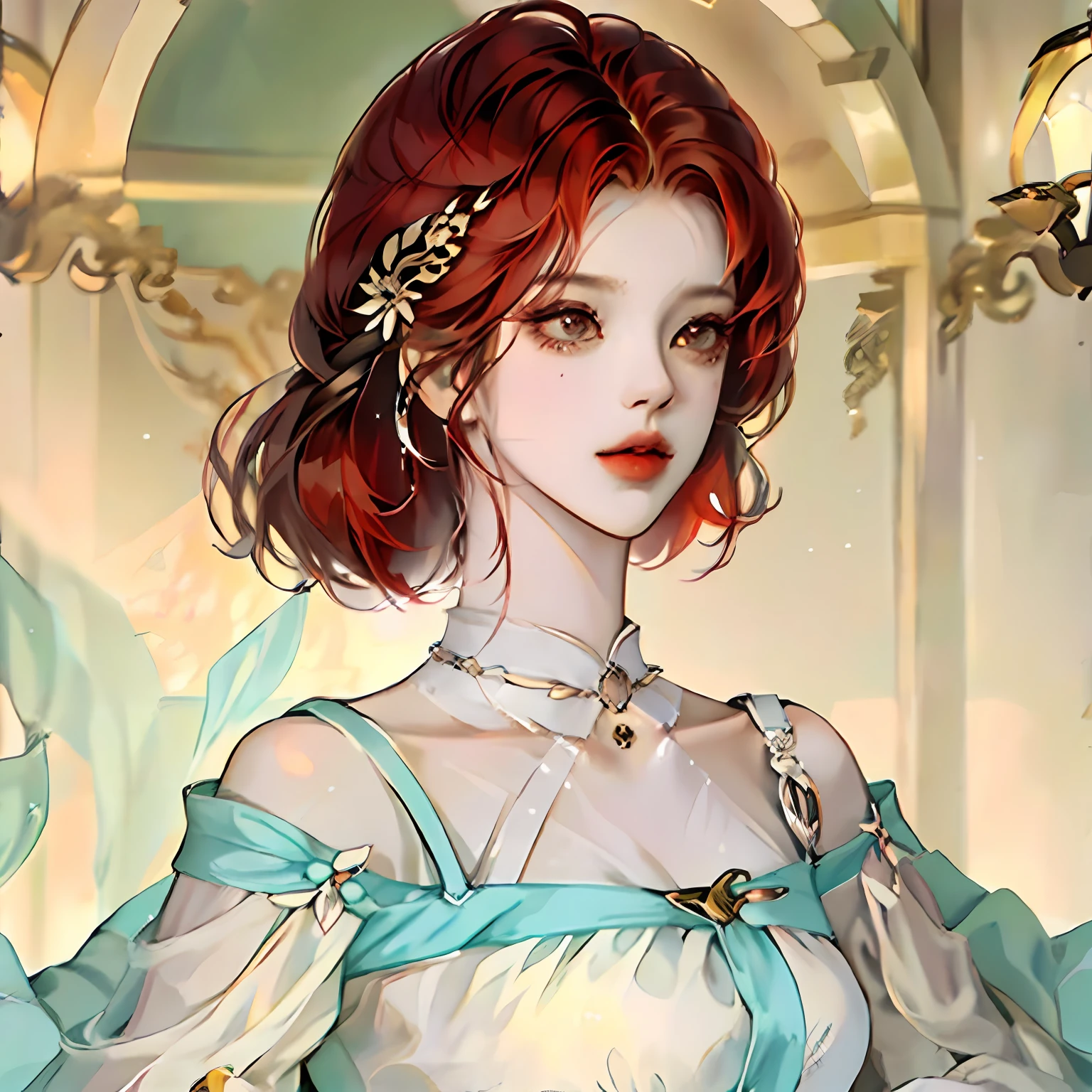 femele，Short hair，red tinted hair，The upper part of the body，Royal Sister，v neck