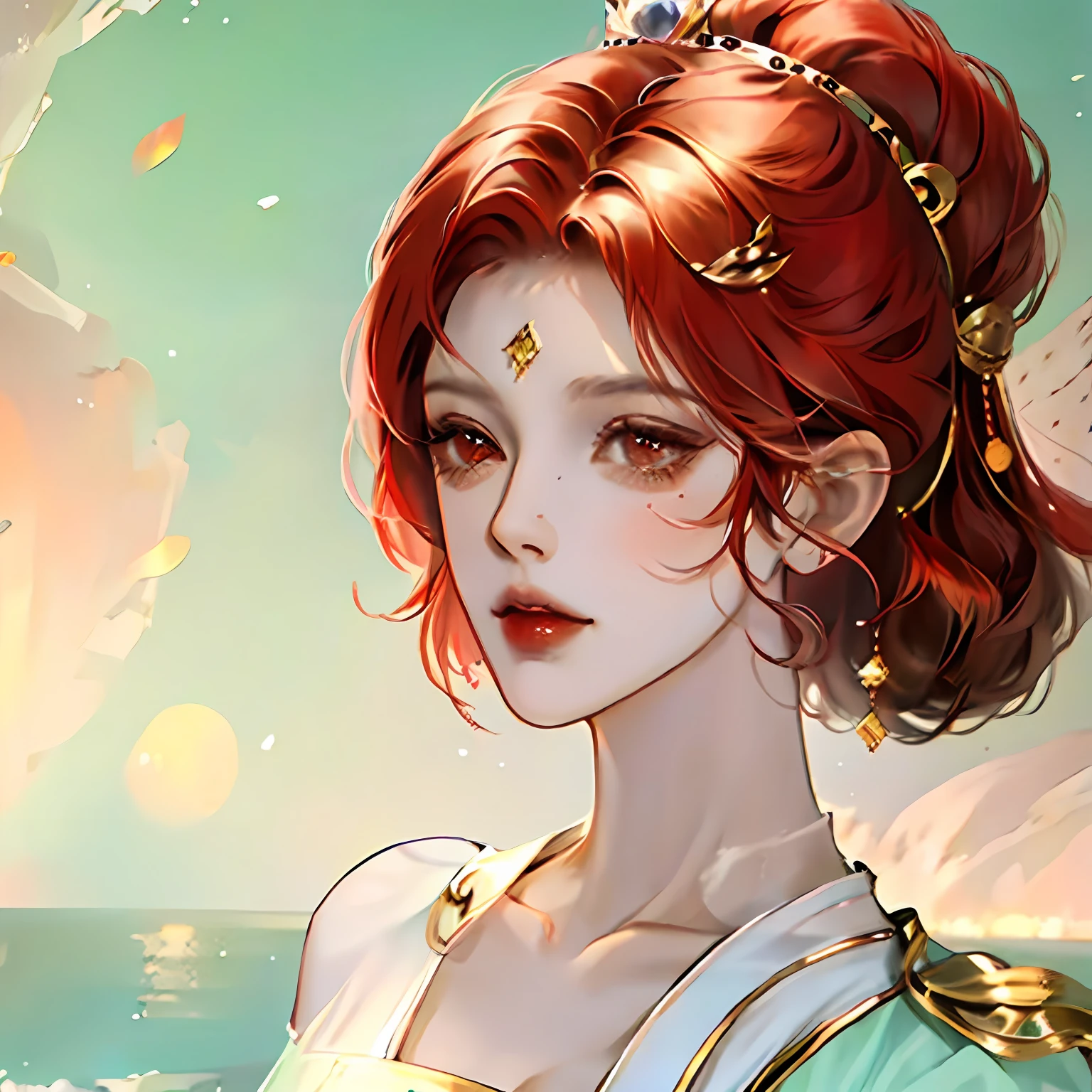 femele,Short hair,red tinted hair,The upper part of the body,Royal Sister,v neck