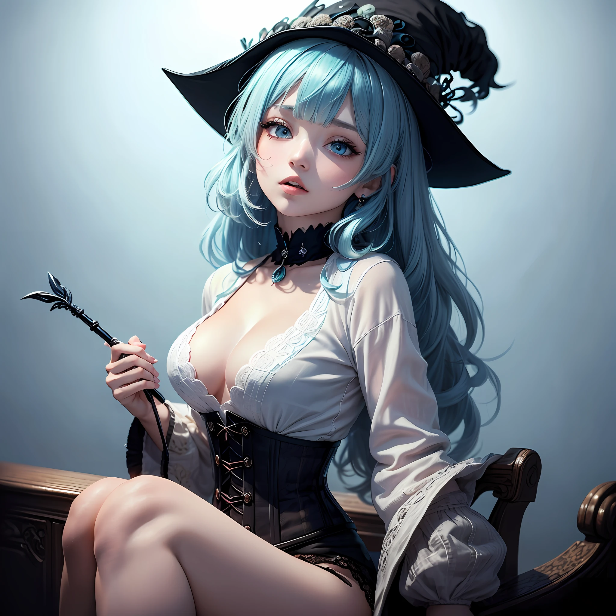[1girl|solo], (masterpiece:1.1), (best quality:1.1), (intricate detailed Rocker [[White Ombr shirt:Black Appliqud with patches and motifs morning dress:0.85]:[Black Collared revealing clothes:Earth tones hip vent little black dress:0.15]:0.7]:1.25), (Tweed [[Coral Woolen A-line skirt:Turquoise Sleeveless tutu:0.05]:[Green Sheer thong:Orange Linen blouson:0.1]:0.1]:1.15),, [(NSFW:1.0):(NSFW:0.95):0.15],[medium:[large|medium]:0.35] breasts, corset, BREAK [black:pink:0.65] theme, (gradient background:1.1), portrait, BREAK [blond:sky blue :0.05] hair, blunt bangs,hime cut,long hair, side-ponytails, [blue:purple:0.85] eyes, intricate detailed black witch hat, holding wand, --auto