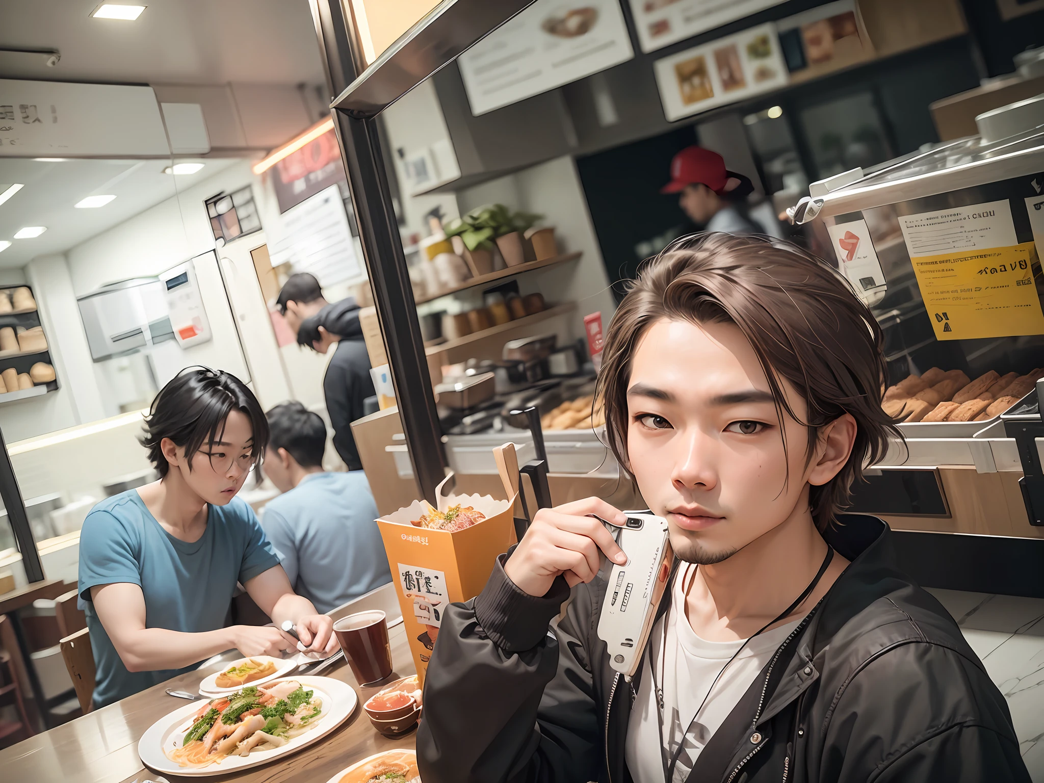 there are two men sitting at a table with plates of food, 8k selfie photograph, very very low quality picture, nixeu and sakimichan, ruan jia and fenghua zhong, shot on nikon z9, taken with sony alpha 9, in front of ramen shop, taken in the early 2020s, fish in the background --auto --s2