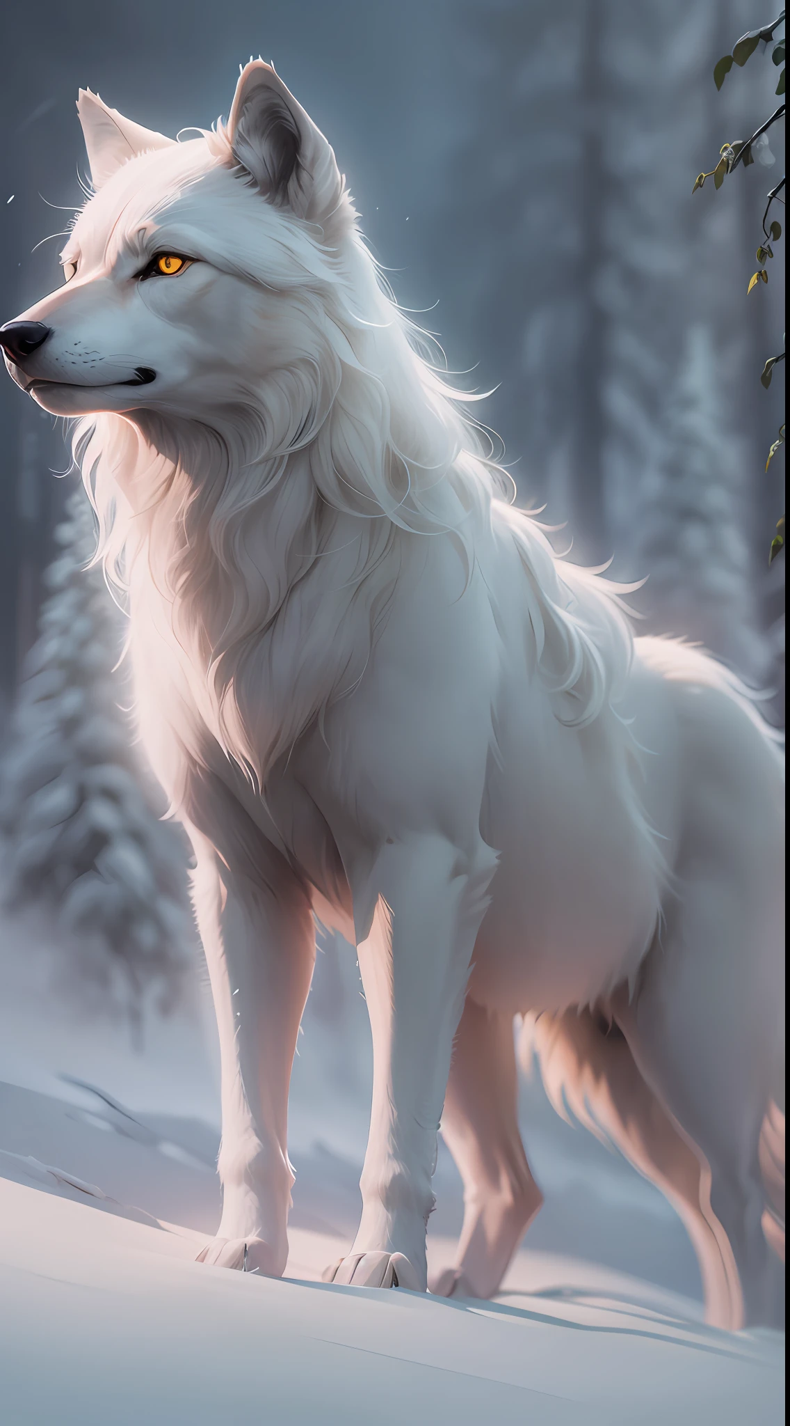 A wolf king,(Solid white:1.3),Yellow glowing eyes,Delicate fur,Finely depicted face,Realistic forest,Morning sun ,low-contrast,(Medium and near focal length:1.3),best qualityer,Extremely fine,Unlimited details,photograph of-realistic,HighestQuali,tmasterpiece,Premium wallpapers,8k,octaneratingrendering,(Do not appear in human form:1.4)
