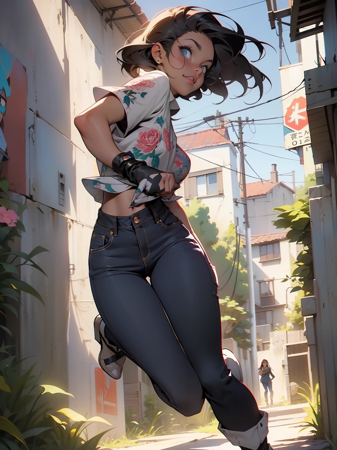 :: estilo comix por joe madureira :: bonito, perfeito e detalhado, ultra detalhado rosa e preto com detalhes de flores brancas super detalhado, with dragon print on the sides of the dress, in various full-body attack poses and with immersive effects, efeito pairar, fundo estilo grafite com cores vibrantes "hdr ultra" detalhadas e com efeito de foco, (obra-prima: 1.2, melhor qualidade), (olhos bonitos finamente detalhados: 1.2), ((Beautiful Woman )),cabelo comprido, liso e negro ,com um brilho natural e preso como rabo de cavalo ((Solo)), (Olhos vermelhos:1.4), (Olhos finamente detalhados e rosto detalhado:1.3),), (Com jeans ultra detalhado e uma camisa branca com estampa tatoom ultra detalhado por inteiro:1.3), (Fundo bonito e claro:1.2), (CG extremamente detalhado, Ultra-detalhado, Melhor Sombra:1.1),("" personagem demonstrando o seu super poder no punho"")((Profundidade de campo e desfoco)), ((Aquarela)), Seios grandes, Ombros nus, flowers and petals, beautiful concept illustration , (fundo branco:0.5), (illustration :1.1), (extremamente fino e belo: 1.1), (detalhes perfeitos: 1.1) fundo estilo graffit, liberdade, alma, digital illustation, anatomia perfeita, centrado, Approaching perfection,