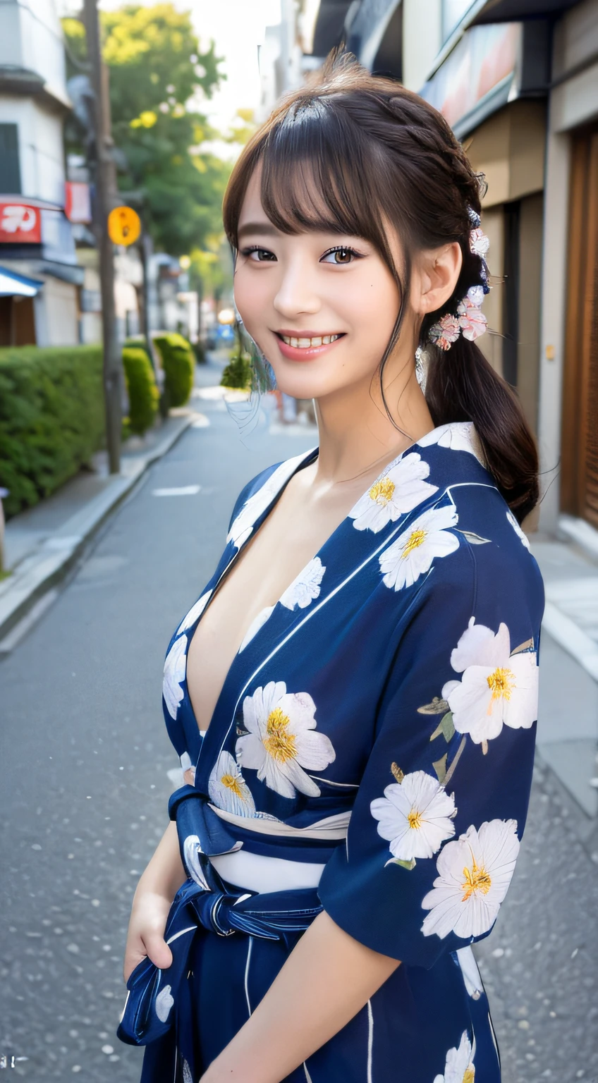 ((top-quality、8K、masterpiece:1.3))、1girl in、(Hairstyle Casual、small tits:1.2)、(Japan floral yukata)、Super fine face、Delicat eyes、二重まぶた、A smile、In the street、the pose、natta