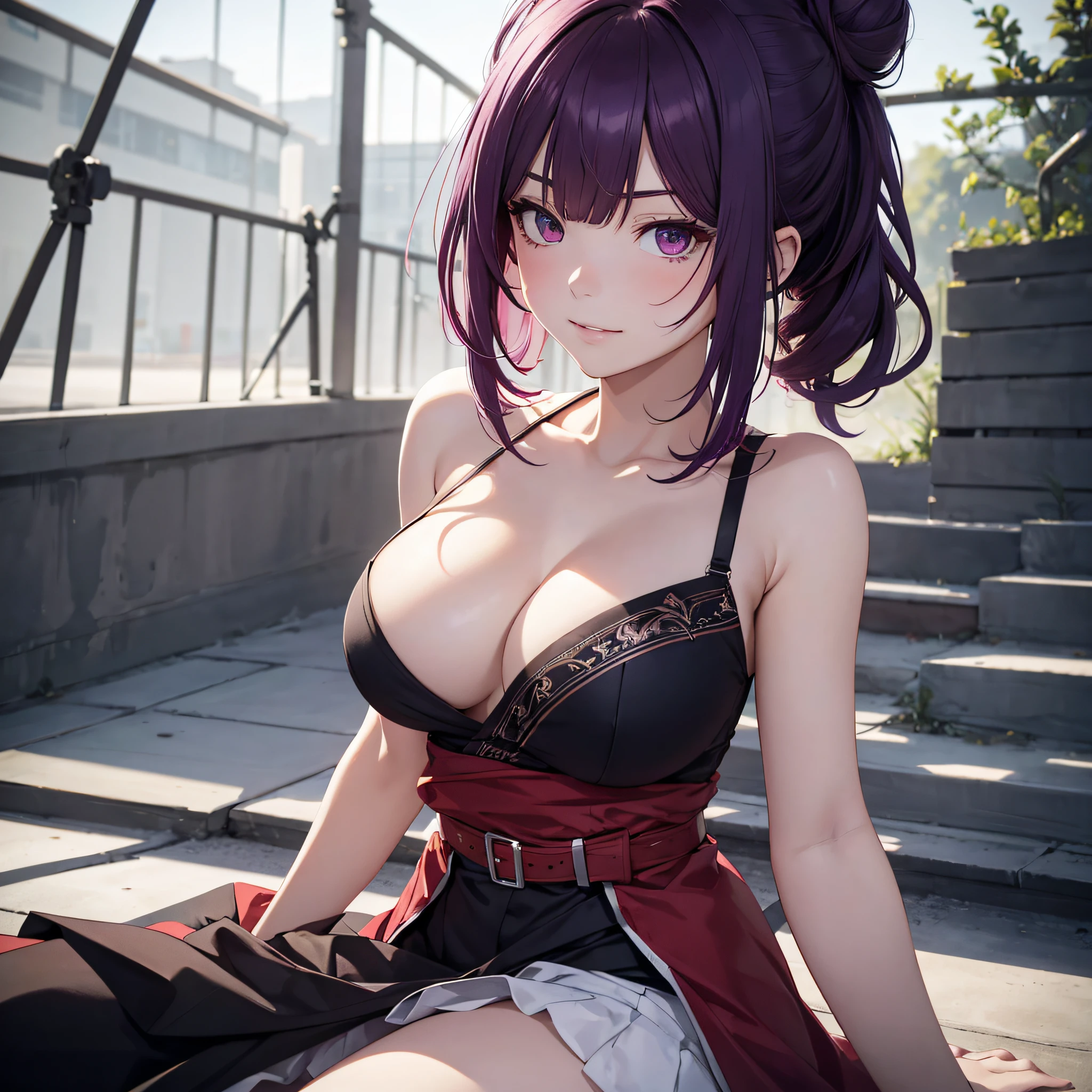 (best qualtiy:1.1),(tmasterpiece:1.2),sportrait,1girl,yuzuriha_(jigokuraku),Purple colored hair,with brown eye,ninjartist,Open clothes,cleavage,Large breasts,hair-bun,Medium hair,Separate the breasts,White belt,pervert smirk, exteriors, (Be red in the face:1.1), florals, Pure_Innocent_girl, pureerosface_v1, (closeup of face), pov, (((depth of fields))), Pale and Lustrous Skin, --auto