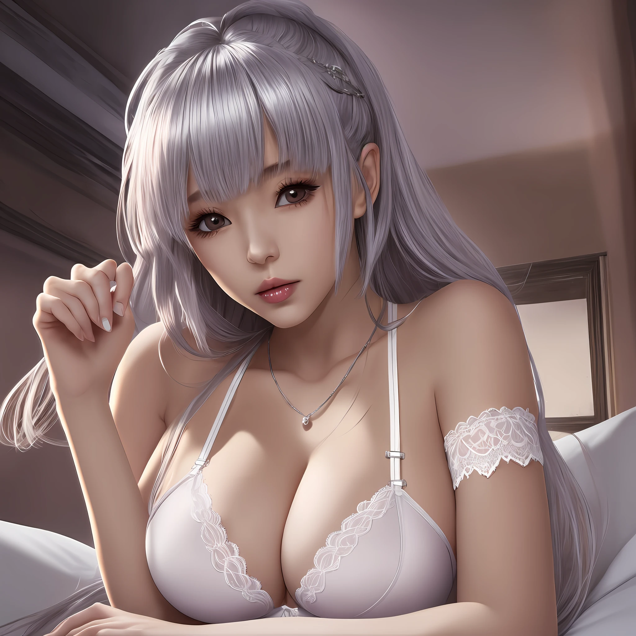silber hair, Lodge, lying down, Tai, White bra, Side tie panties,Large breasts,Transparent lace,On the tongue, sexually arousing, anime big breast --auto --s2