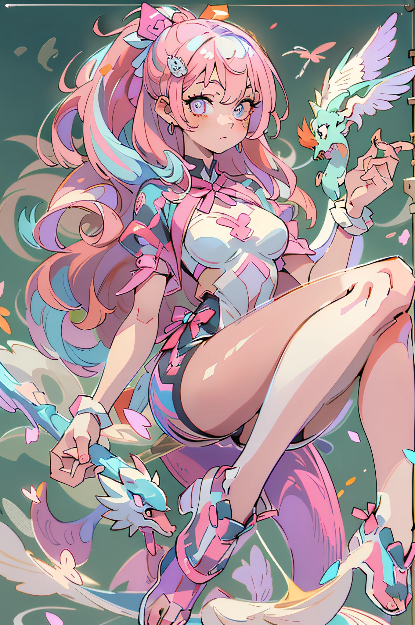 (((Masterpiece))), (best qualighy, best resolution:1.2), beautiful anatomy, girl, perfect body, very delicate, super gorgeous composition, ((perfectly drawn eyes)), very beautiful hair, high ponytail, pink hair ornament, multicolored hair, absurderes, glowing eyes:1.2, reverse bunny outfit:1.11, clothes under clothes, full body, pigeon-toed, holding magical girl stick, unique art, most beautiful art, ((ultra detailed)), beautiful details, ((nice drawn hands and fingers)), (most beautiful legs), depth in field, cinematic lightining, colorful, intricate, mesmerizing, ((holographic)), ((perfectly drawn hands and fingers)), ((perfectly drawn legs)), beautiful long dragon, highly detailed