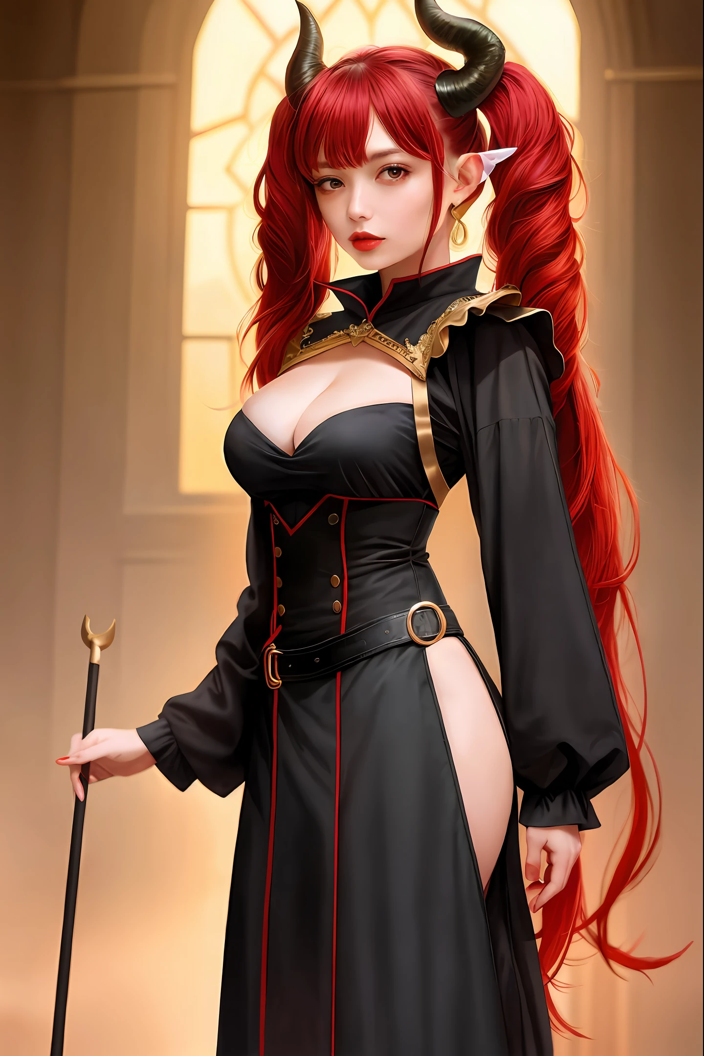 A woman in red with a spear，Wearing black silk，Fake suspenders