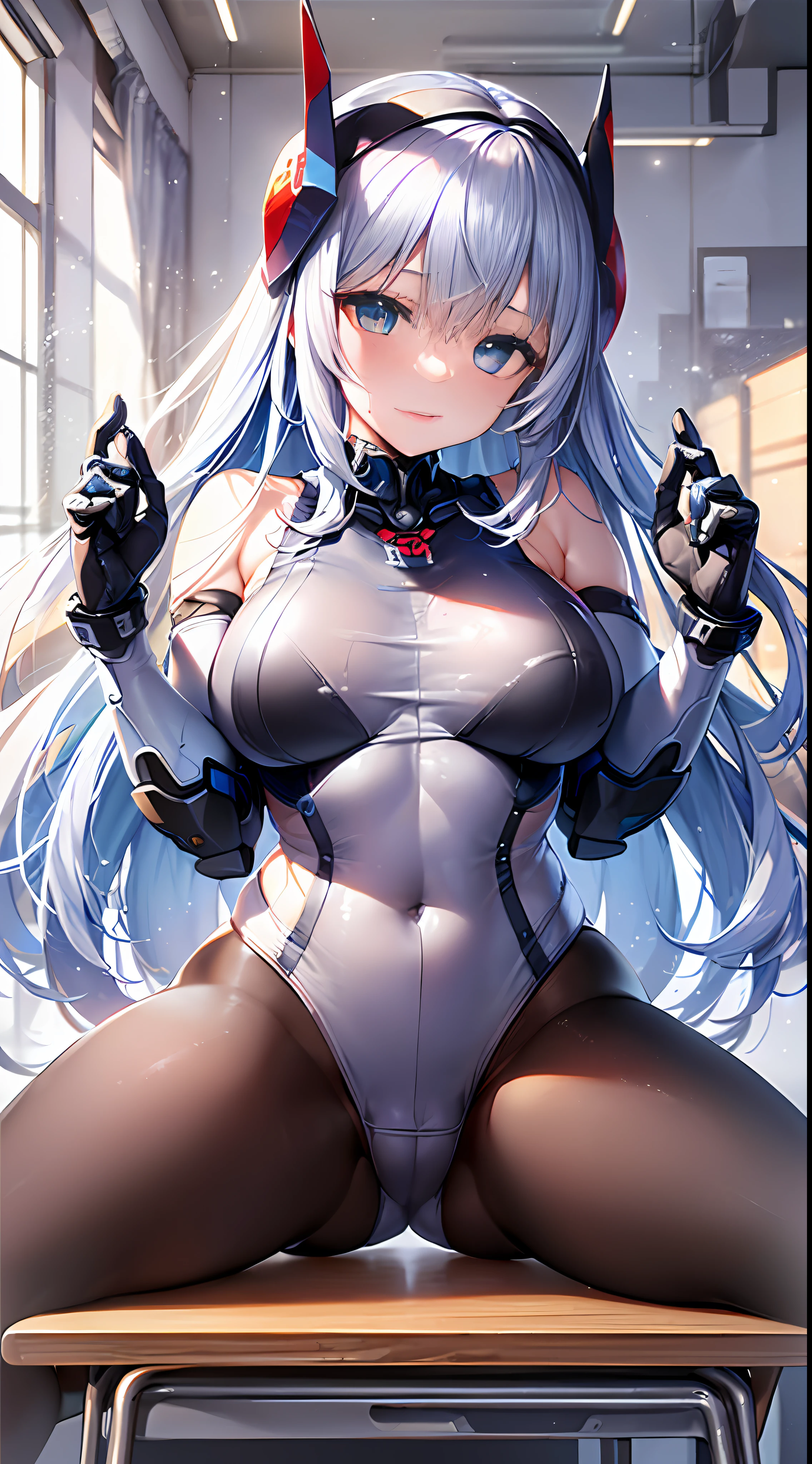 Highest image quality), (Works of masters), (Detailed eye description), (8k wallpaper), (Detailed facial depiction), Bright colors, Look at the audience, solo person,(full bodyesbian:1.1), (Sturdy stone:1.4|((Mecha body:1.1),Mecha fuselage details,Get wet,A reluctant expression on his face,paleskin,blue colored eyes,((Masterpiece)),((Best quality)),(ultra - detailed),(illustration),((Extremely Delicately Beautiful)),(Dynamic Angle), 1girll, Flowers, Spring, beside the window, Rose, Detailed: face,long eyelasher,dim eyesight,tight-fitting,Raised sexy,head gear,Transparent white swimsuit,silber hair,White lace pantyhose ,did not wear panties,8K,Whole body diagram,Lie on your desk,Hands holding legs wide open,Stick out your feet,
