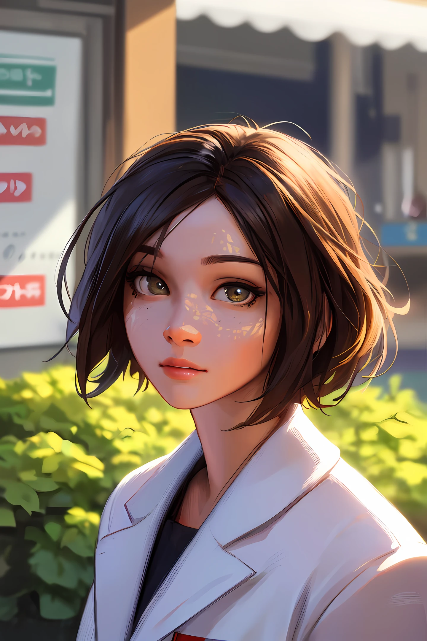 (supermarket:1), afternoon, doctor gown, light brown fringe short hair, light brown eyes, 1girl, innocent, (photorealistic), (intricate details:1.2),(masterpiece, :1.3),(best quality:1.4), (ultra highres:1.2), ultra high res, (detailed eyes), (detailed facial features), HDR, 8k resolution, (lens flare:0.7), turn around, busy on examine report, face viwer, drshe