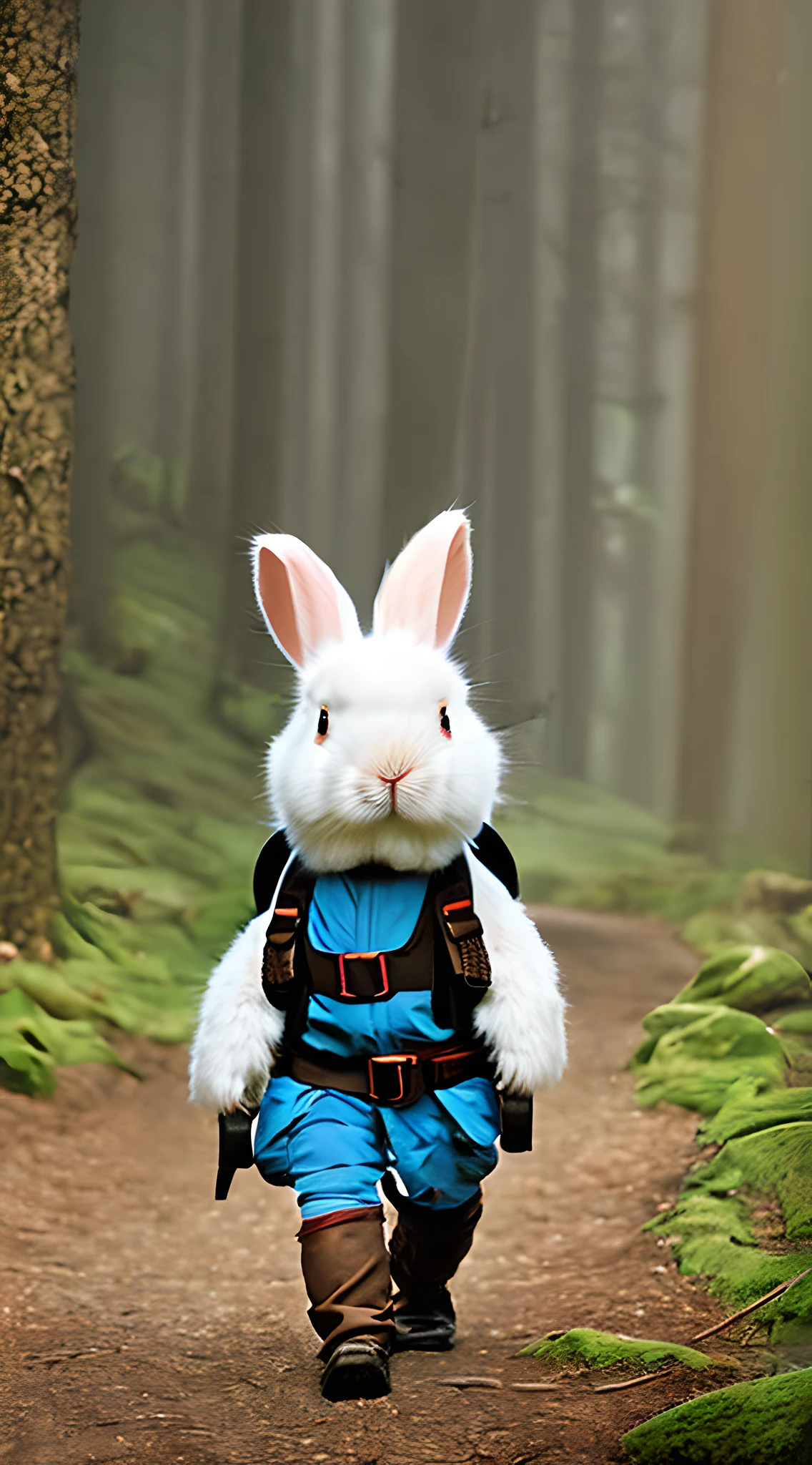 Classic negative portrait photo，Fantasy video game character concept art，Cute white furry bunny carrying a small brown leather backpack,Map hike through the forest,dungeons and dragons,rios,haze,Halo,blooms,Dramatic atmosphere,1970s dark fantasy film style,Central symmetry,the rule of thirds。