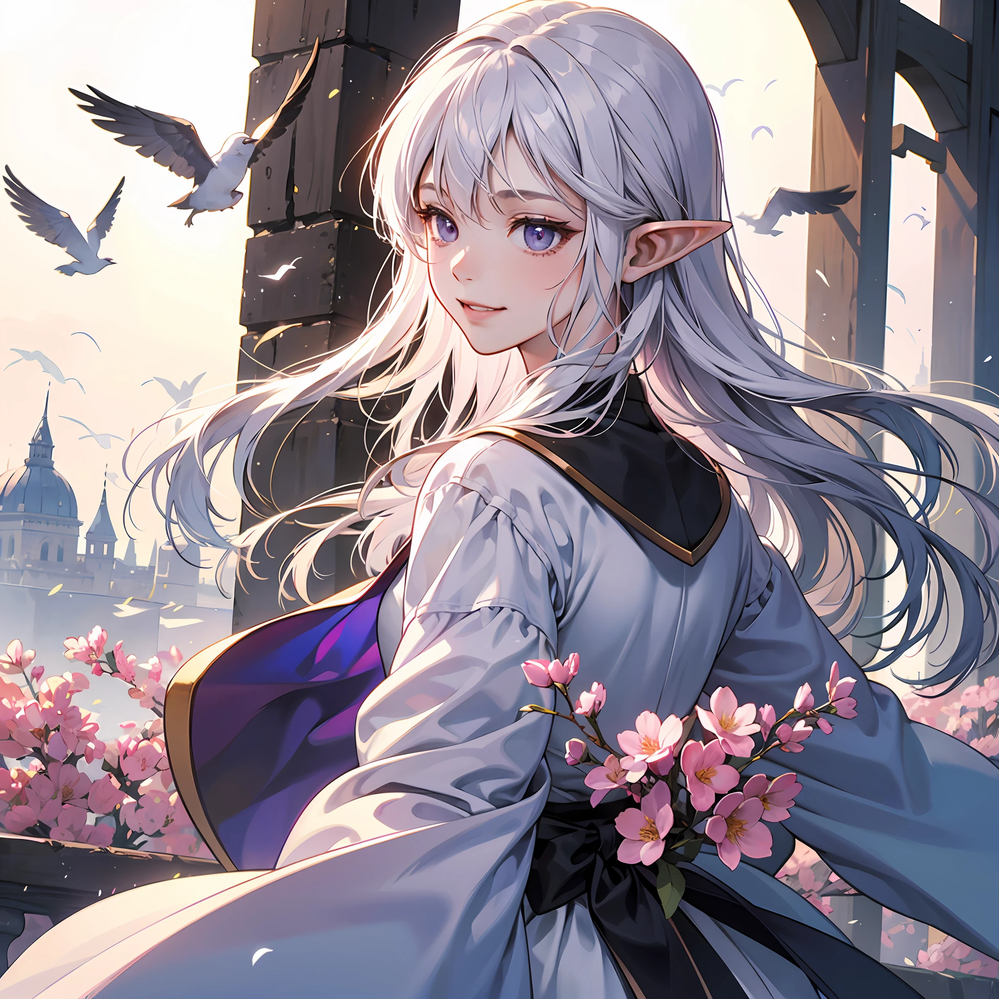 Purple eye。The upper part of the body。White rune robe。White color hair。Kizi。Castle background。tmasterpiece。Two-dimensional wind。best qualtiy。Detail 1.4。Sideslit。the elf。ssmile。Flowers。squatt。sideface。Flying birds。mistic。Comely。adolable。extreme hight detail。k hd --auto