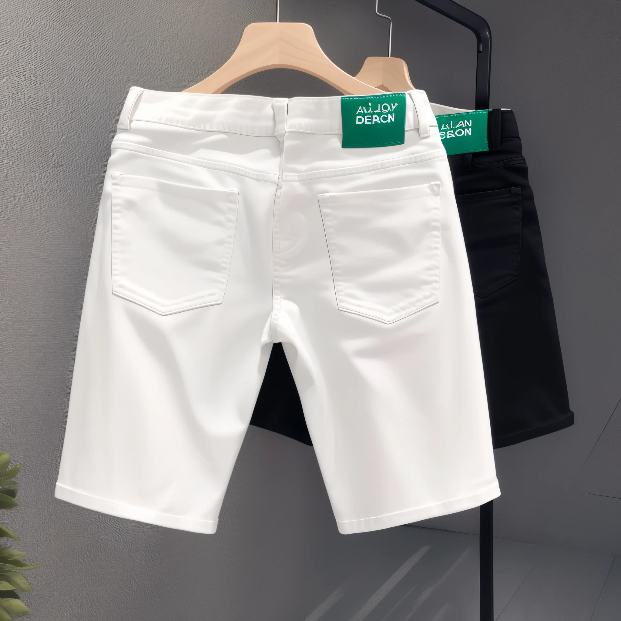 Close-up of the back of a pair of white and black shorts on a hanger, short jeans pants, shorter pants, denim short, short size, very short pants, Shorts, Short shorts, detailed zoom photo, white trendy clothes, amazing short, wear short shorts, boy shorts, gucci clothes, white fluffy cotton shorts, off white, Highly realistic, 2020 --auto